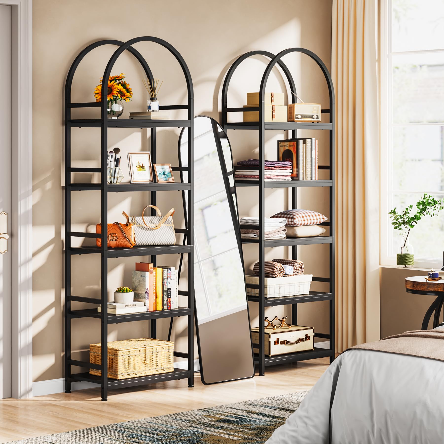 Tribesigns 5-Tier Open Bookshelf Set Of 2, 74.4' Wood Bookcase Storage Shelves With Metal Frame, Freestanding Display Rack Tall Shelving Unit For Office, Bedroom, Living Room (Black, 2Pcs)