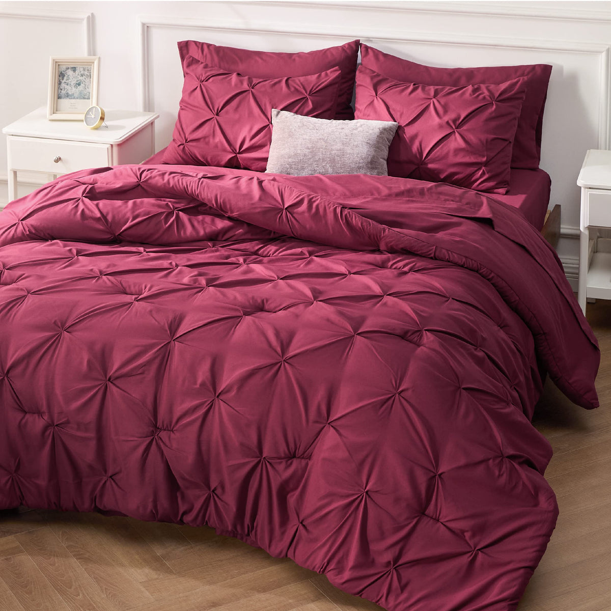 Bedsure King Size Comforter Set - Bedding Set King 7 Pieces, Pintuck Bed In A Bag Burgundy Bed Set With Comforter, Sheets, Pillo