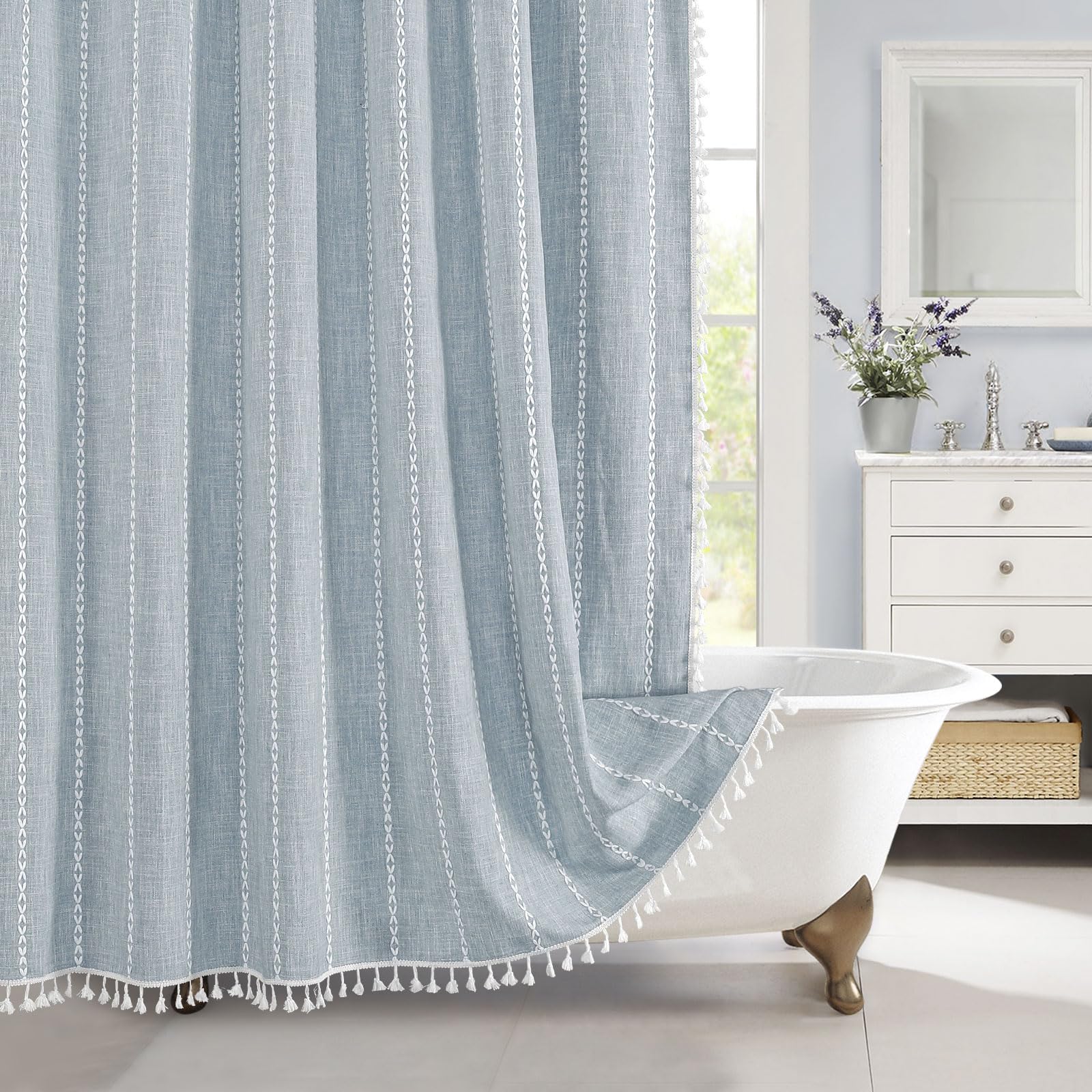 Mitovilla Blue Boho Fabric Shower Curtain, Modern Farmhouse Cotton Linen Shower Curtains For Vintage Rustic Bathroom Decor, Coun