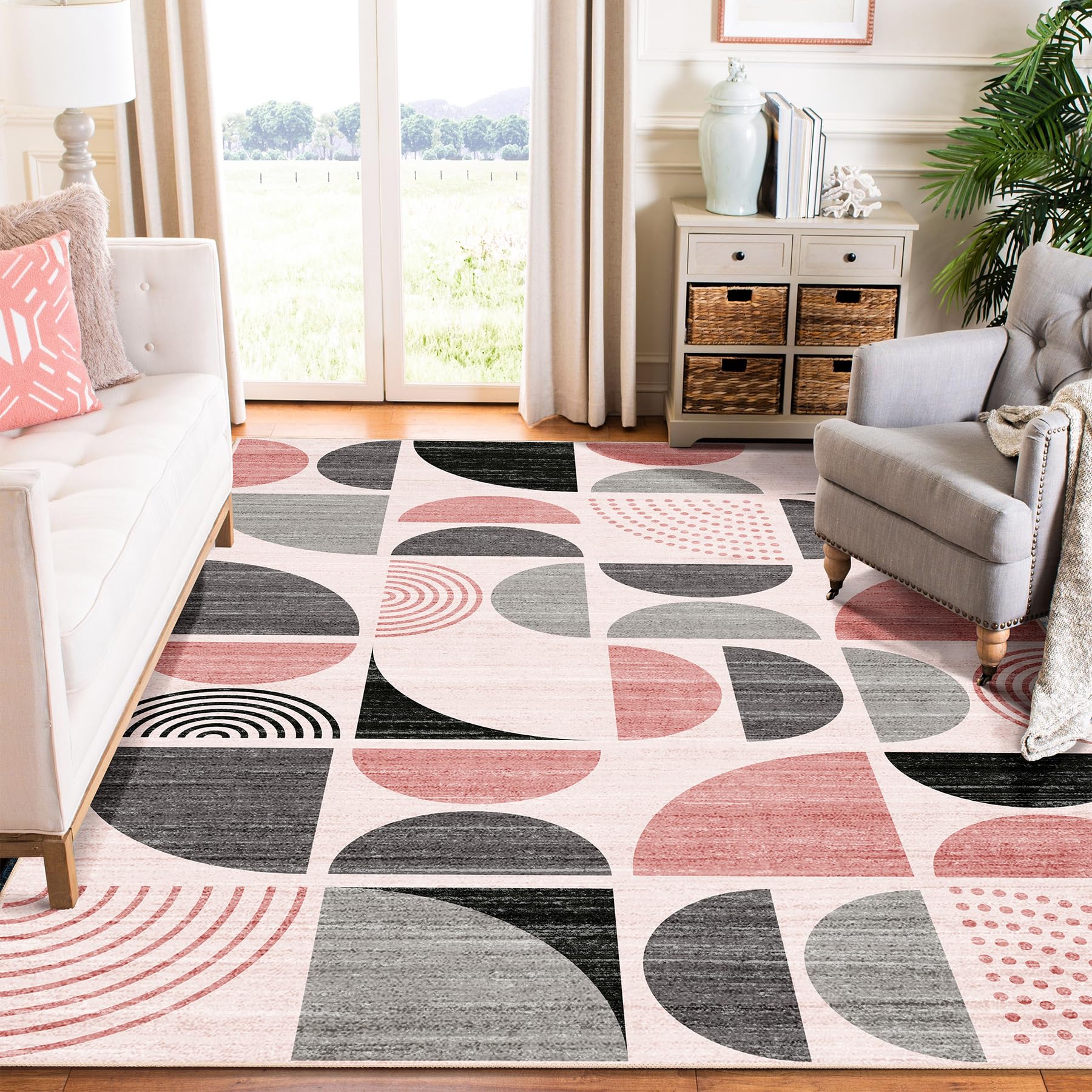 MUJOO Pink Rug Washable,6x9 Area Rugs for Living Room Bedroom Dining Room,Boho Large Throw Floor Carpet Non Slip Soft Modern Abs