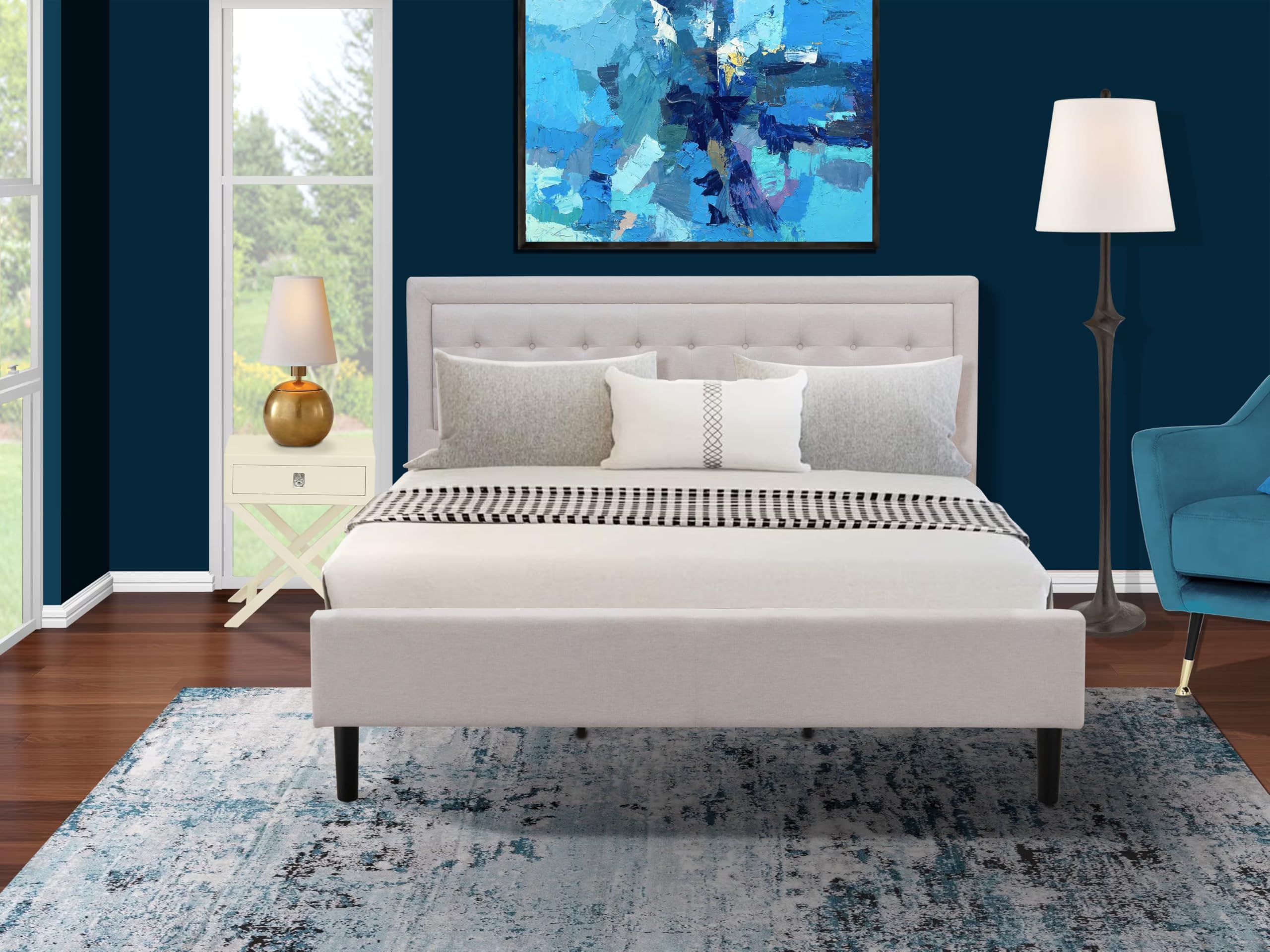 East West Furniture FN08K-1HAE0 2-Piece Fannin Bedroom Set with 1 King Size Bed and a Linen White Modern Nightstand - Reliable and Durable Construction - Mist Beige Linen Fabric Bed