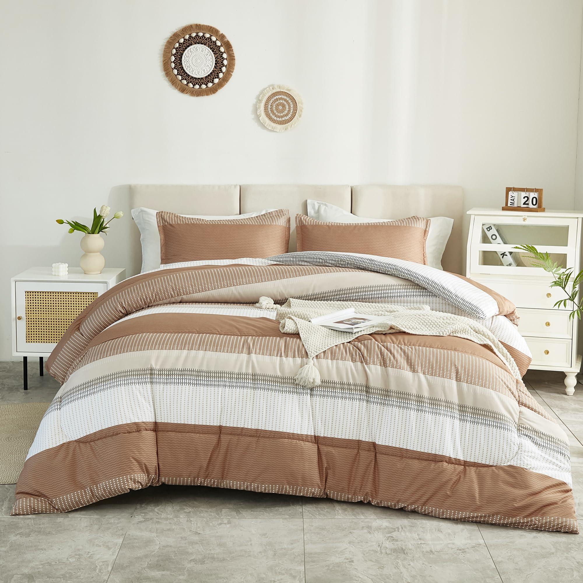 Litanika Full Size Comforter Sets Beige, 3 Pieces Lightweight Taupe Khaki White Colorblock Stripe Fluffy Bedding Comforter Sets,
