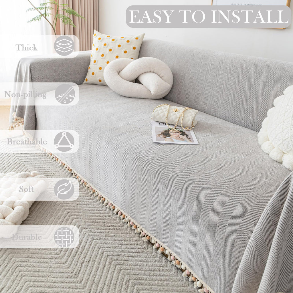 Handontime Grey Sofa Cover For Couch Boho Couch Cover For 3 Seat Couch Dog Couch Cover Love Seat Couch Covers Light Grey Sofa Sectional Cover 71' X118' Tassel Chenille Herringbone Sofa Covers