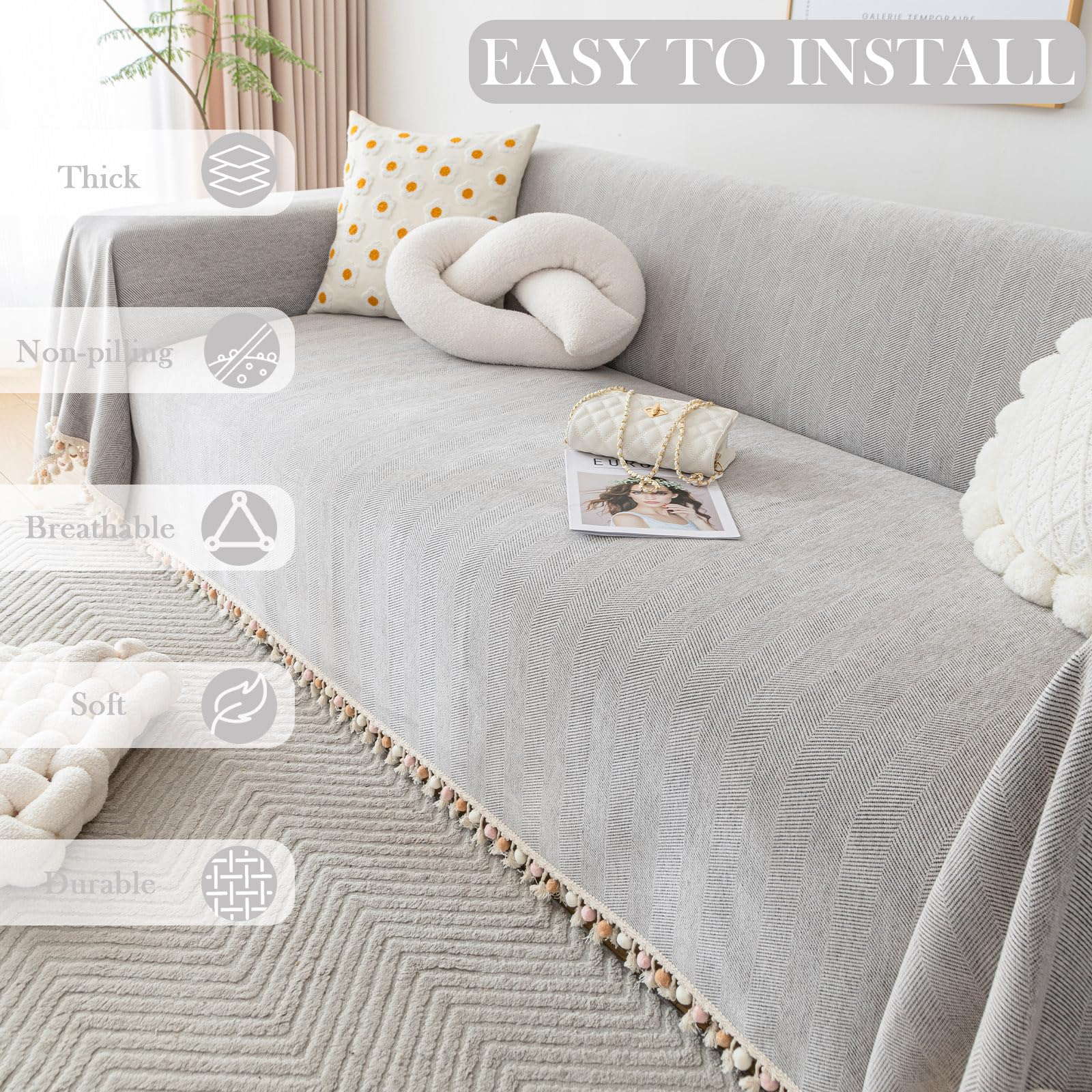 Handontime Grey Sofa Cover For Couch Boho Couch Cover For 3 Seat Couch Dog Couch Cover Love Seat Couch Covers Light Grey Sofa Sectional Cover 71' X118' Tassel Chenille Herringbone Sofa Covers