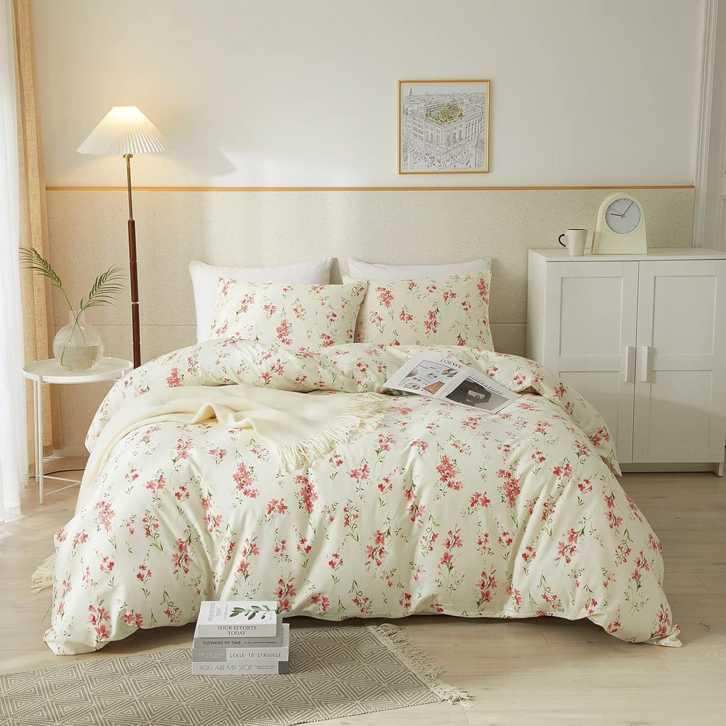 Boho Floral Duvet Cover Full Soft Cotton Girls Pink Floral Bedding Set Chic Garden Style Cute Flower Pattern Duvet Cover Vintage