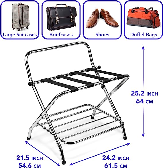 2-Tier Folding Luggage Rack with High Back, Rubber Feet, Black Alloy Steel