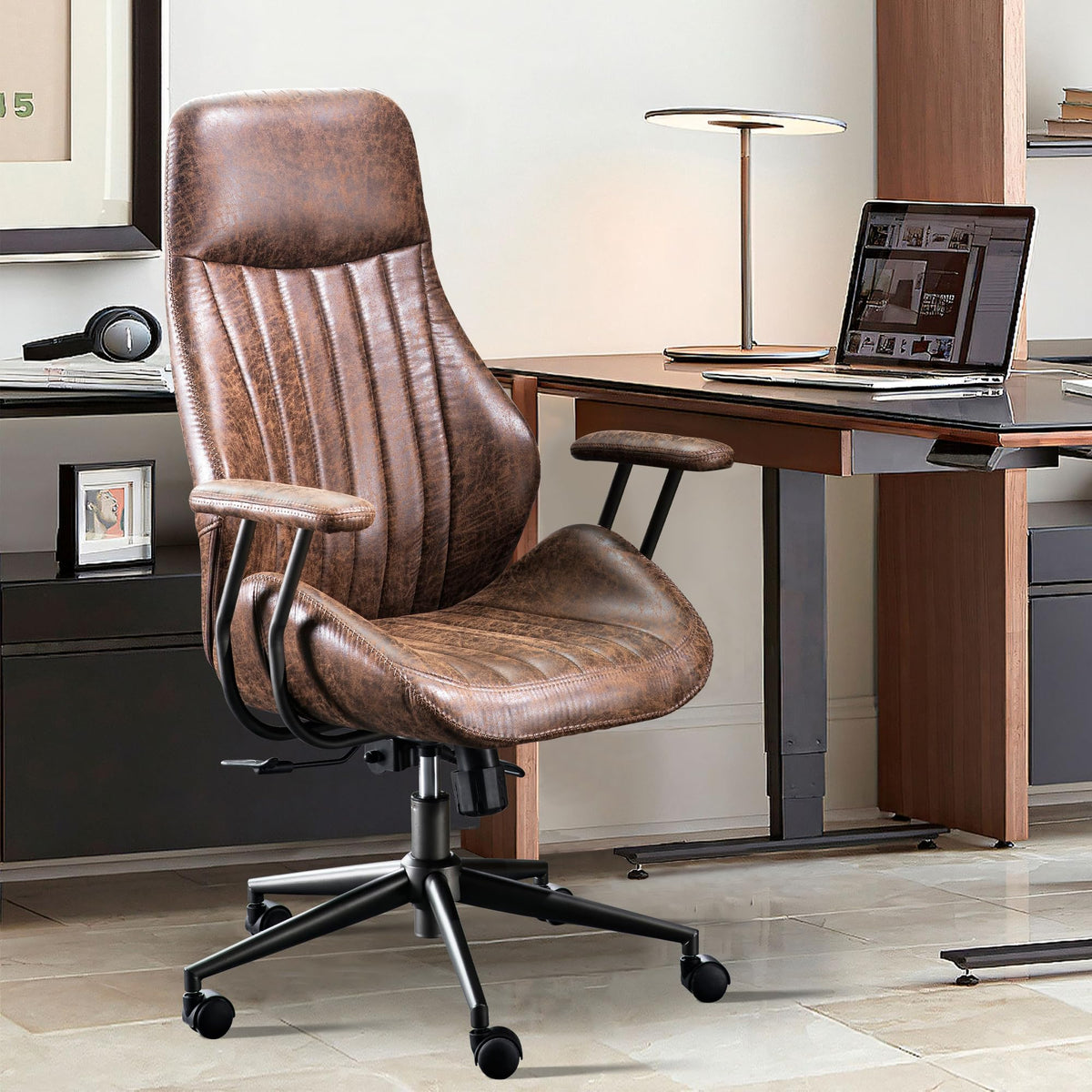 Ovios Home Office Chair, Mid-Century Modern Faux Leather Chair, High Back Ergonomic Computer Armchair, Comfy Luxury Swivel Rolli