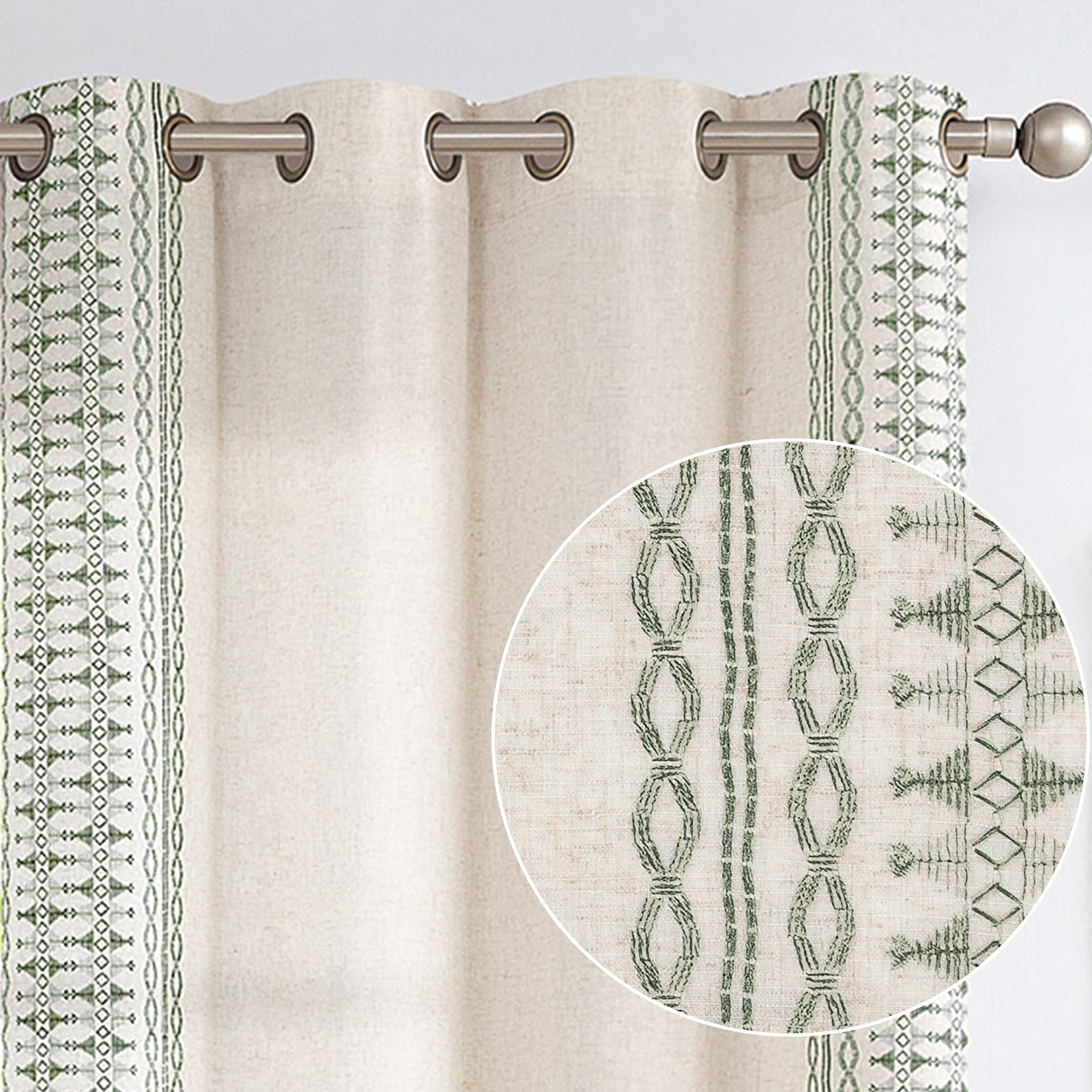 Jinchan Boho Curtains For Bedroom Linen Curtains Sage Green Embroidered Bordered Window Living Room Curtains Drapes 63 Inch Leng