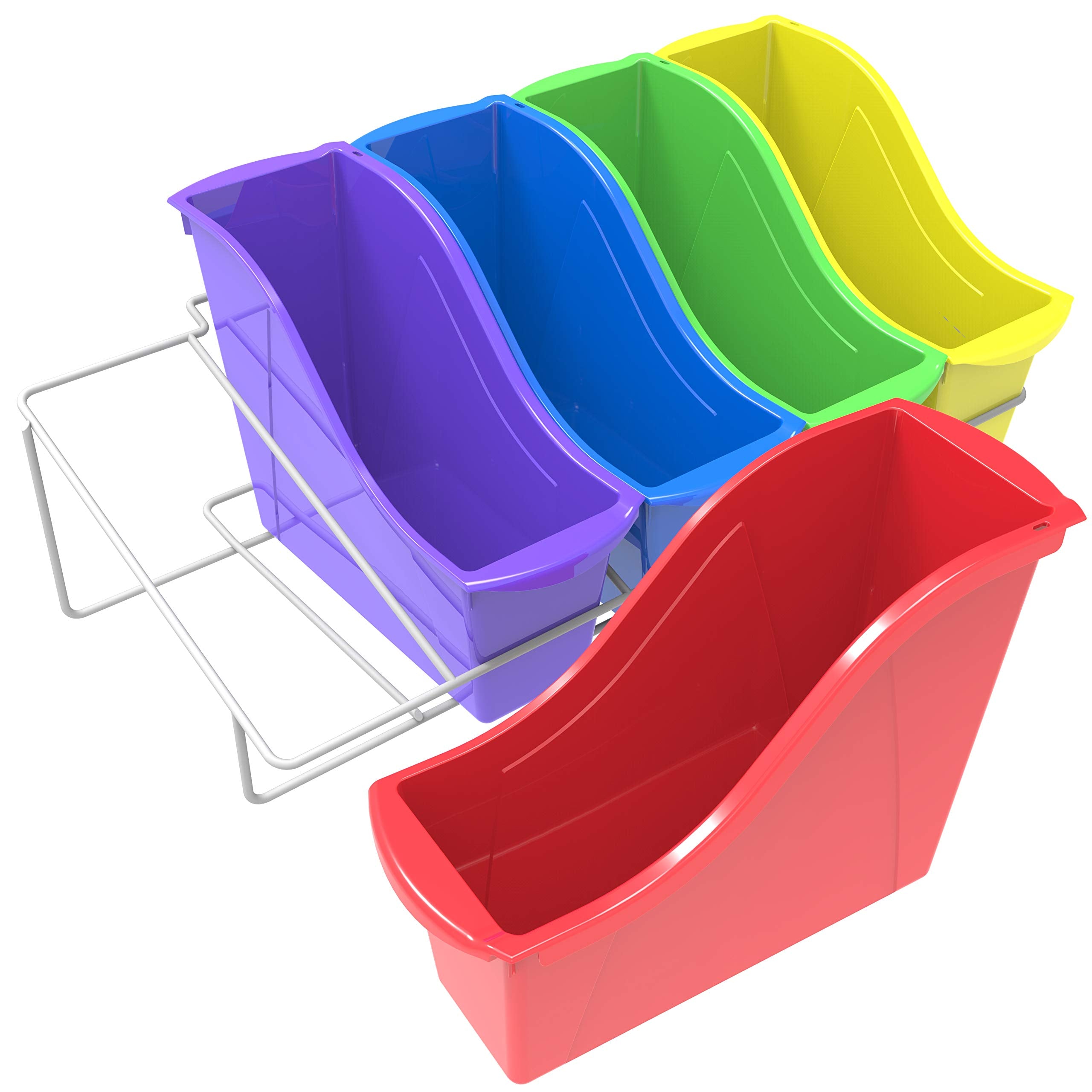 Storex Small Book Bins, Metal Shelf Rack Included, Assorted Colors, Set of 5 Bins, (71153U01C)