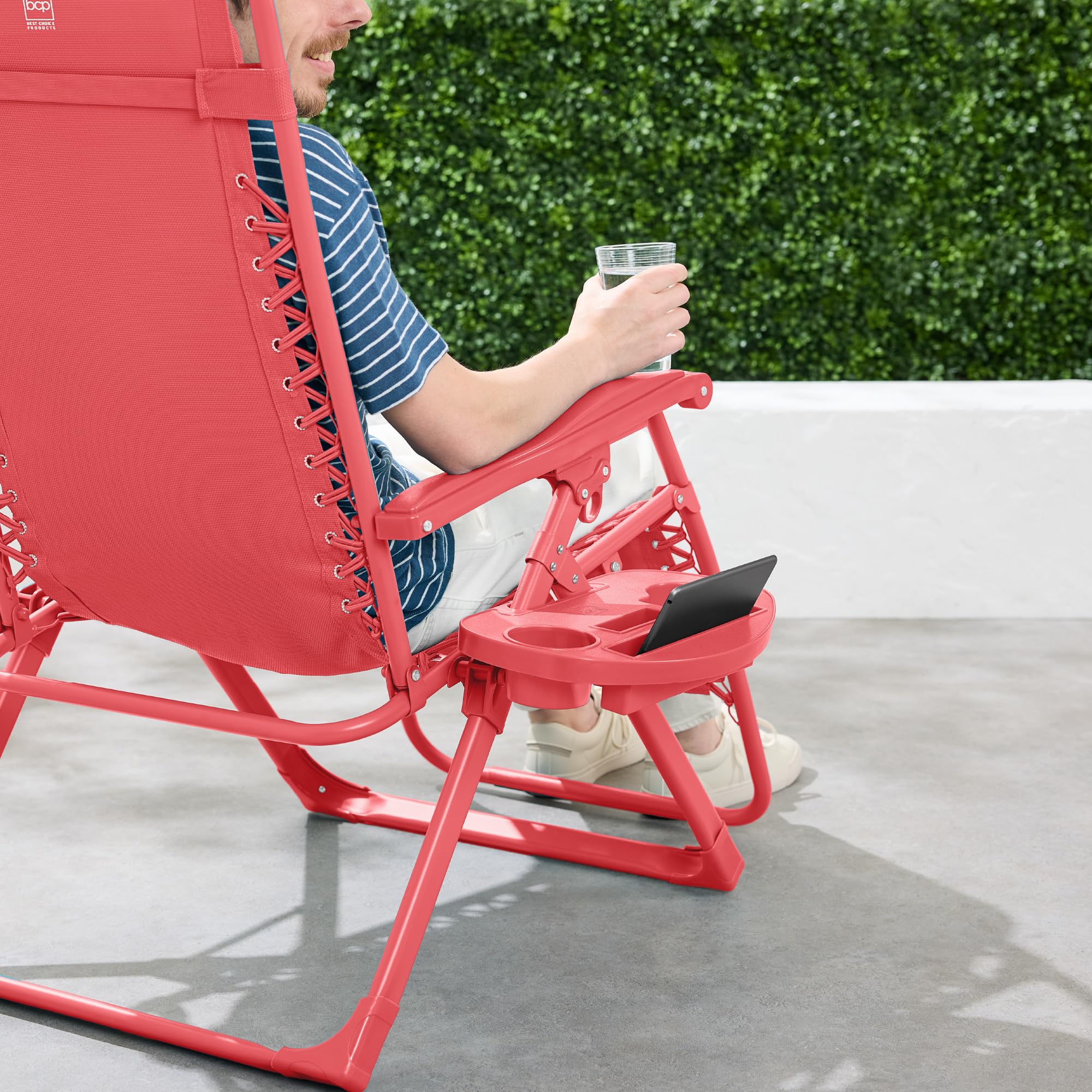 Best Choice Products Adjustable Zero Gravity Chair, Monochromatic Color Folding Patio Recliner W/Side Tray, Headrest - Coral