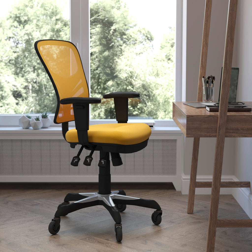 Flash Furniture Nicholas Mid-Back Yellow-Orange Mesh Multifunction Executive Swivel Ergonomic Office Chair With Adjustable Arms And Transparent Roller Wheels