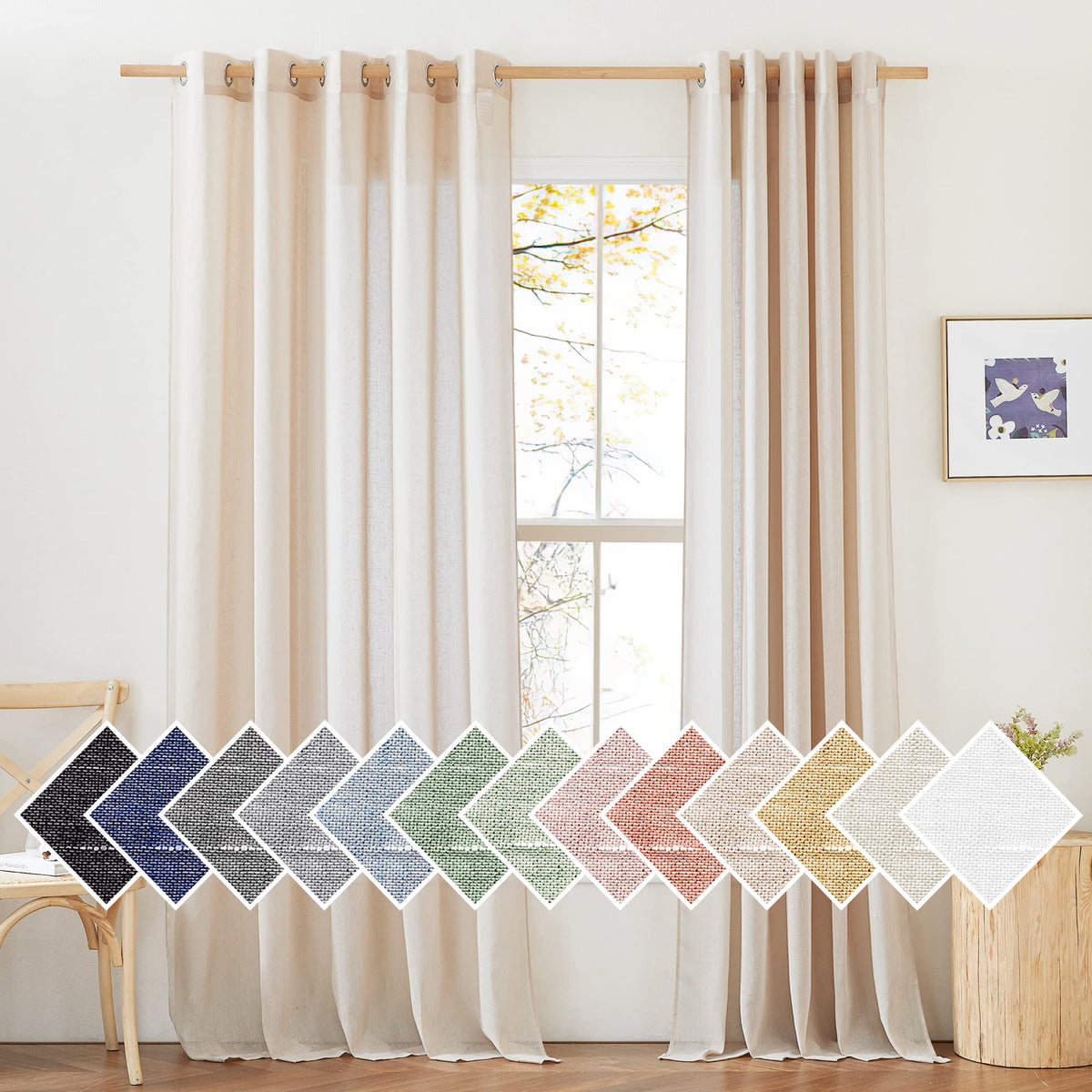 Nicetown Beige Sliding Door Curtains Linen Sheer Textured, Grommet Semi Sheer Keep Privacy Semi Sheer Window Drapes With Light F