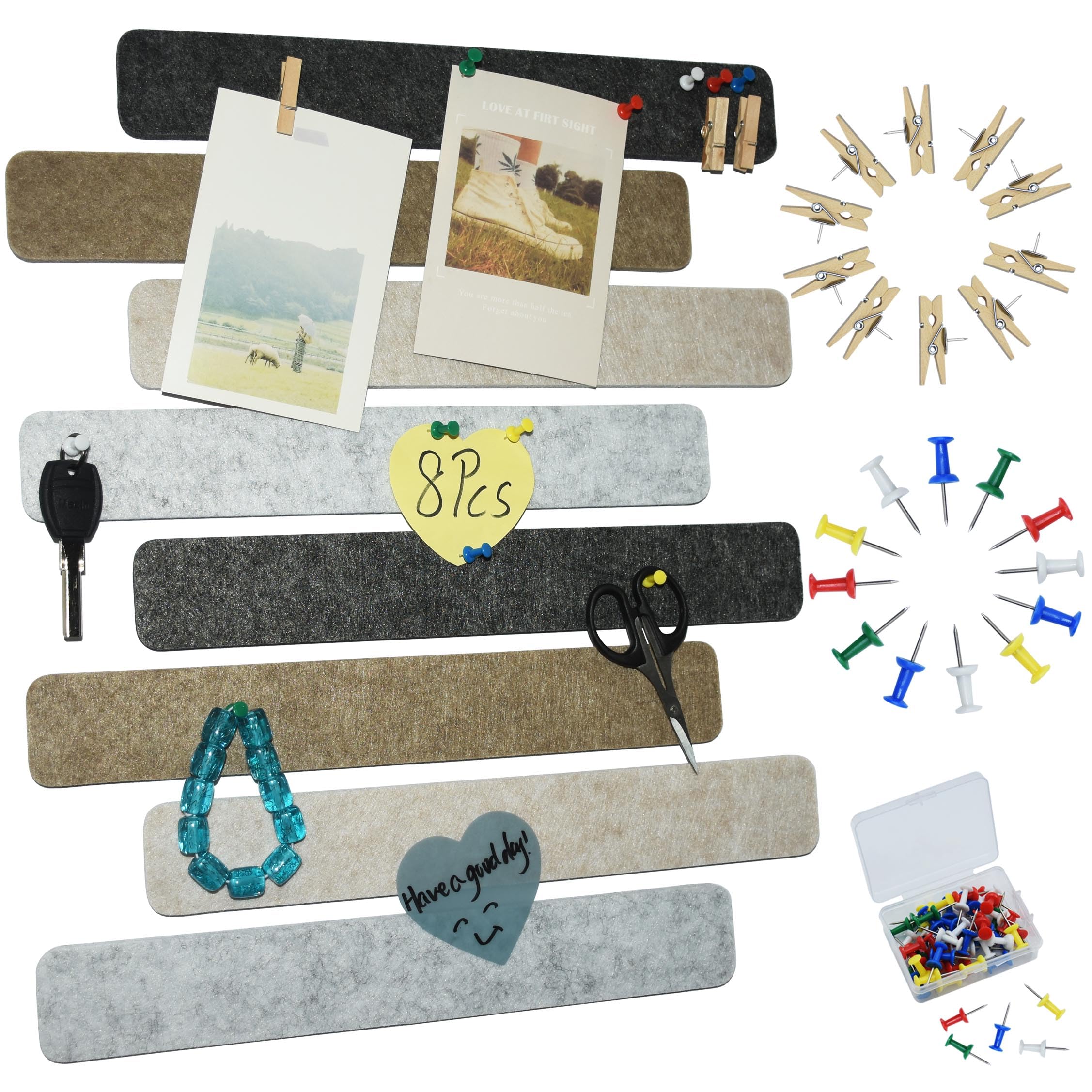 Youdeful 8Pcs Bulletin Board Strips,Black Brown Gray Felt Pin Board Bar Strips With 50 Pushpins, Self-Adhesive Felt Cork Board S