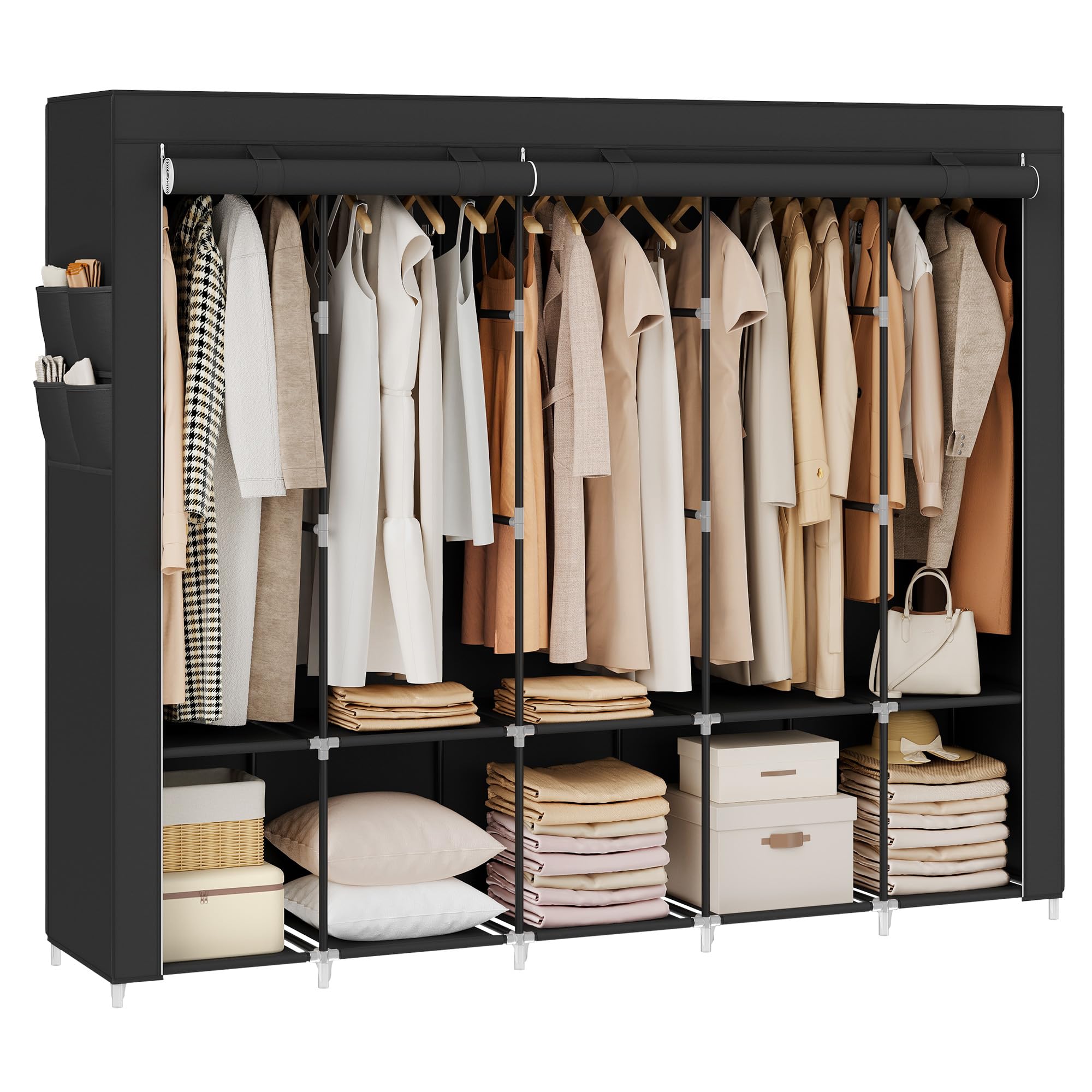 SONGMICS Portable Closet, Wardrobe Closet Organizer with Cover, 5 Hanging Rods and Shelves, 4 Side Pockets, 83 x 17.7 x 65.7 Inc