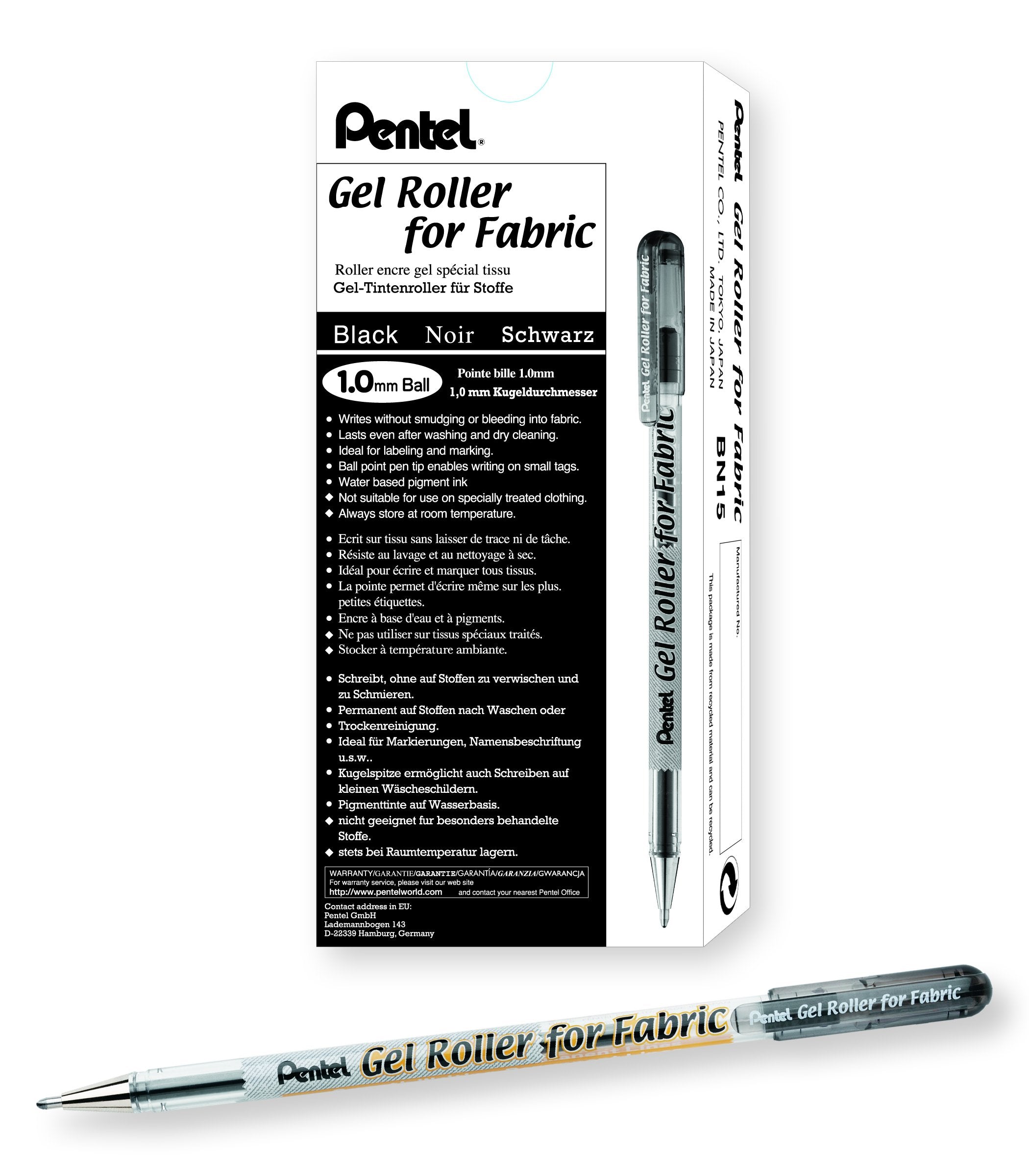 Pentel Gel Roller For Fabric, 1.0Mm, Bold Lines, Permanent, Black Ink, Box Of 12 (Bn15-A)