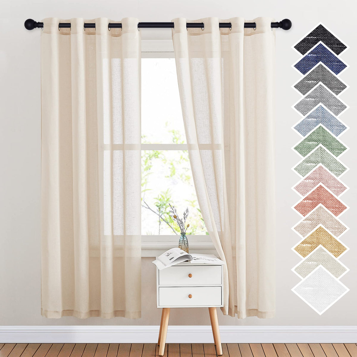 Nicetown Natural Open Linen Weave Flax Sheer Window Curtains, Ring Top Translucent Textured Drapes Privacy With Light Through Fo