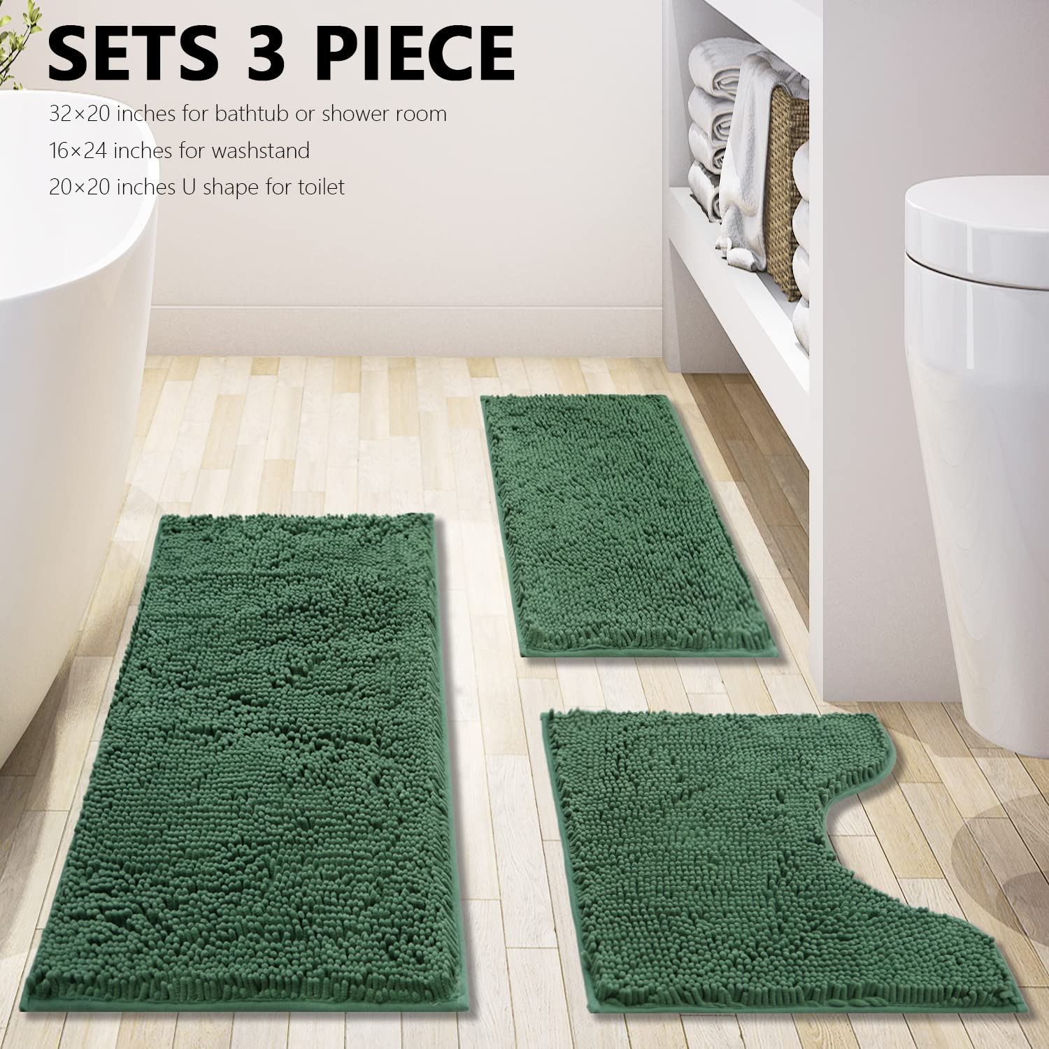 Green Bathroom Rug Chenille 3-Piece Extra Soft And Absorbent Shag Bath Mat Set, Machine Wash Green Bathroom Rug Set, Strong Pvc