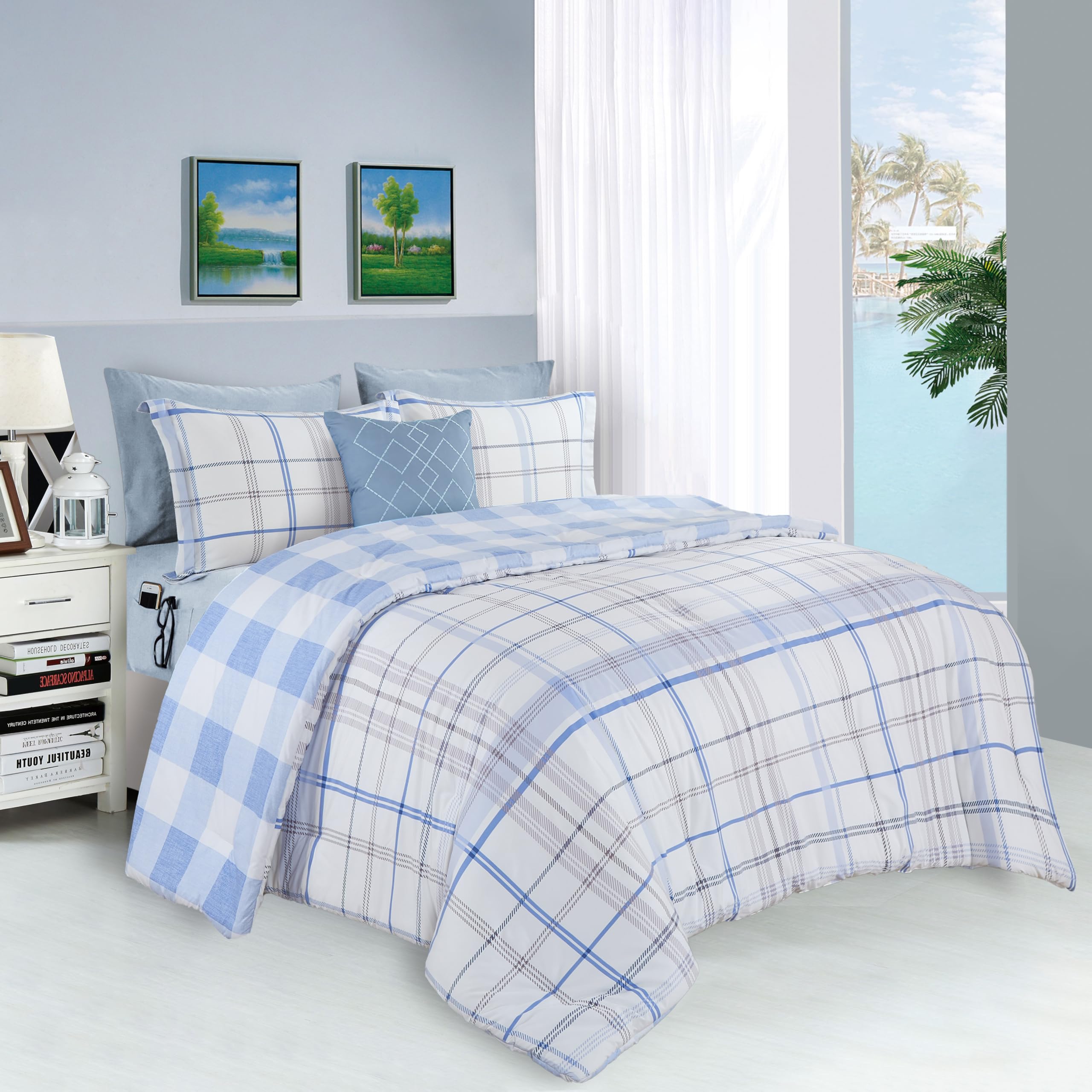 Elegant Comfort Silky Soft 8-Piece Plaid Lodge Bed-In-A-Bag Comforter Set, Includes 4Pc Smart Sheet Set, Comforter, Decorative Pillow, Matching Pillowcases And Shams - King/California King, Aqua