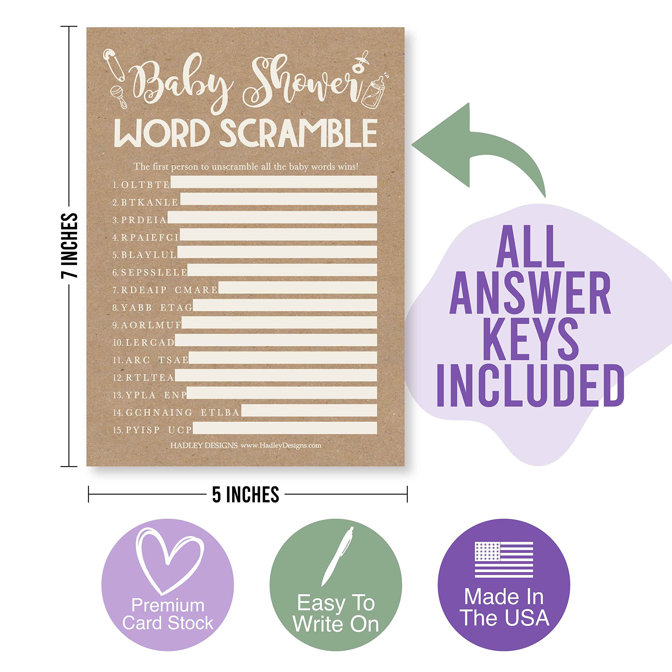 Hadley Designs Rustic Baby Shower Games Gender Neutral, 2 Double Sided, 25 Word Scramble For Baby Shower, 25 True Or False Baby