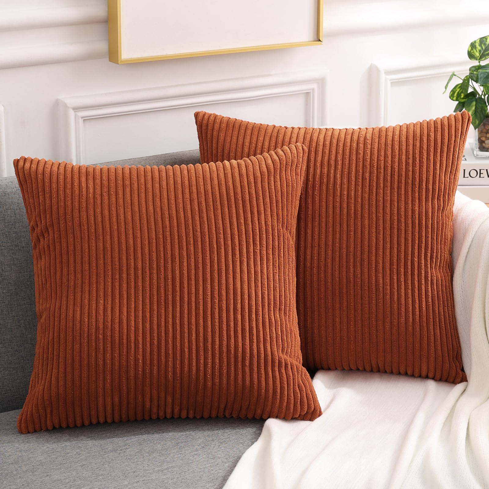 Mecatny Corduroy Fall Throw Pillow Covers 20X20 Set Of 2 - Striped Decorative Pillow Covers For Living Room, Bed - Soft Square C
