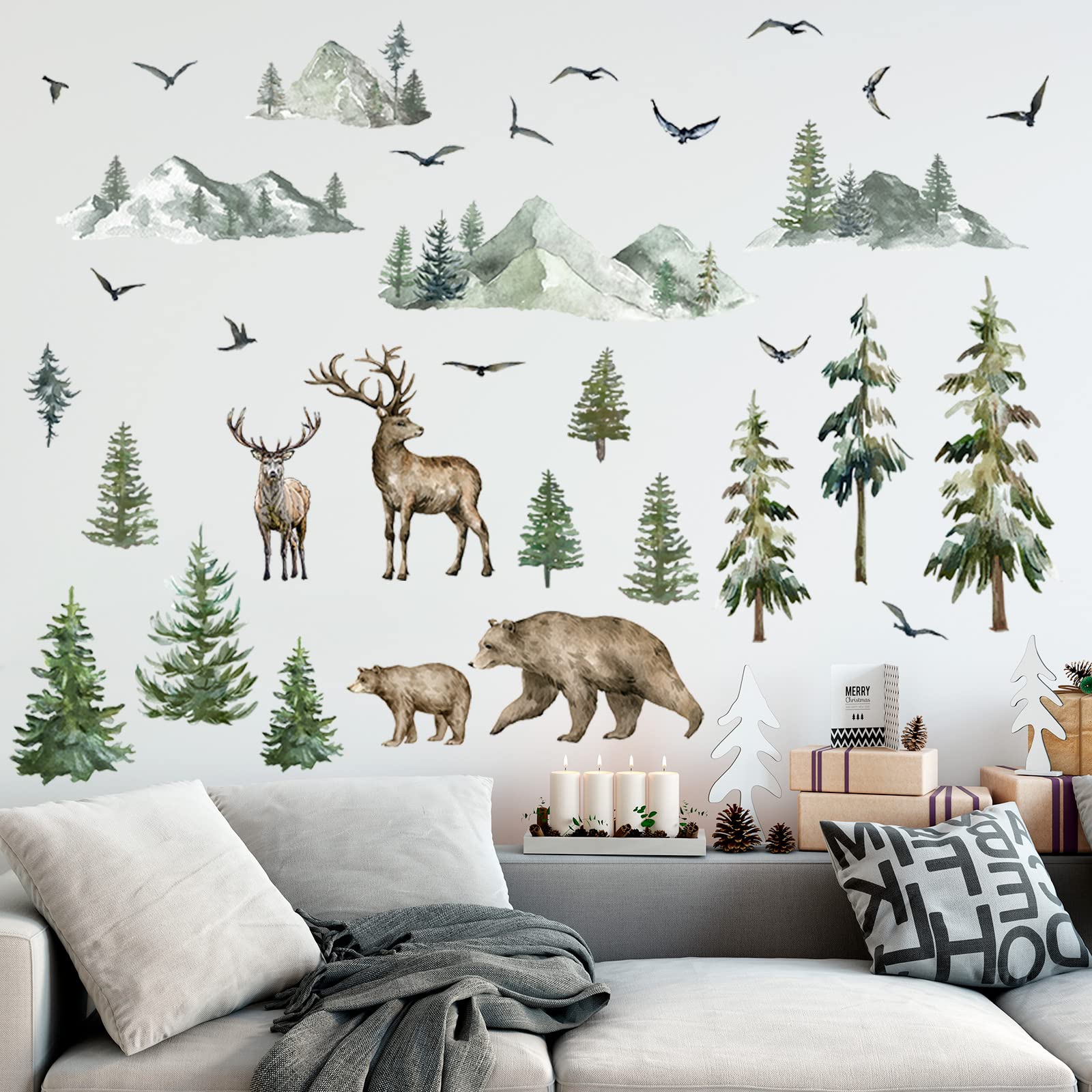 Kajaia Mountain Wall Decals Large Pine Tree Peel and Stick Forest Tree Deer Birds Animal Decals Mountain Stickers for Kids Room 