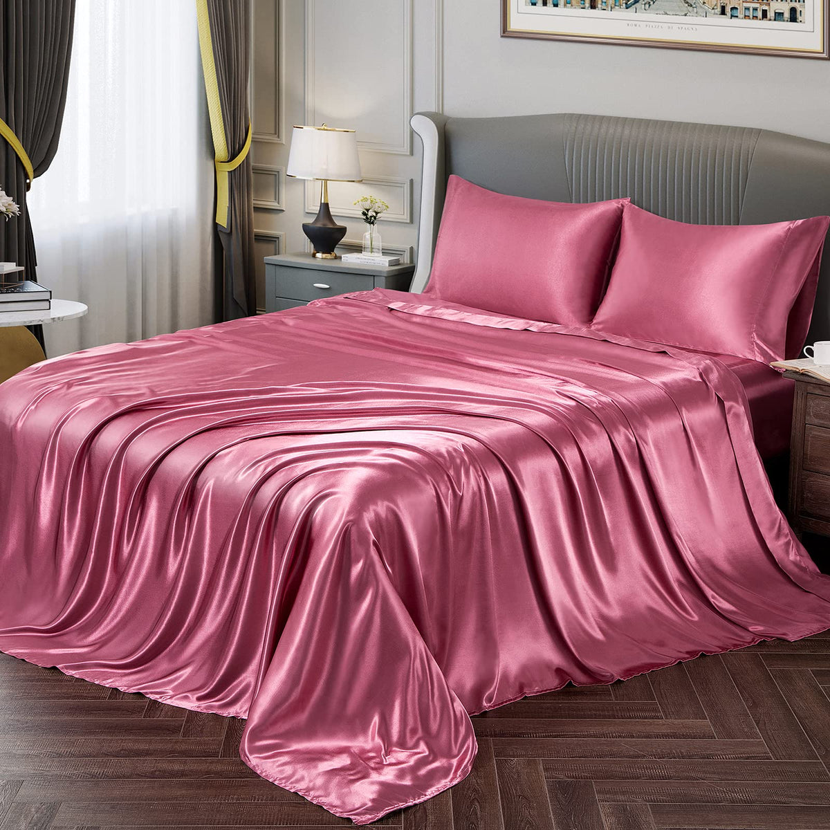 Vonty Satin Sheets Twin Xl Silky Soft Satin Bed Sheets Light Wine Red Satin Sheet Set, 1 Deep Pocket Fitted Sheet + 1 Flat Sheet