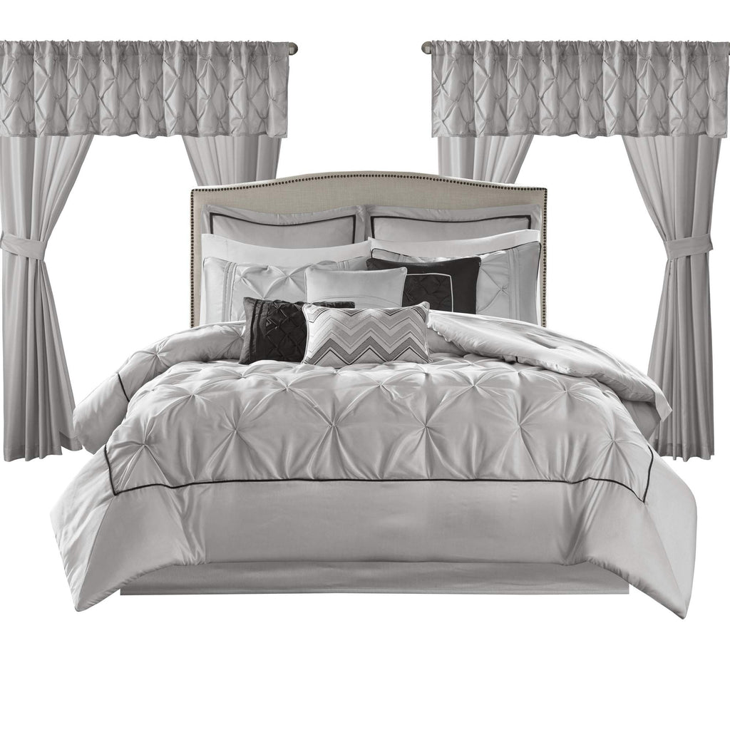 Madison Park Essentials Room In A Bag Faux Silk Comforter Set - Luxe Diamond Tufting All Season Bedding, Matching Curtains, Decorative Pillows, Grey King(104'X92') 24 Piece