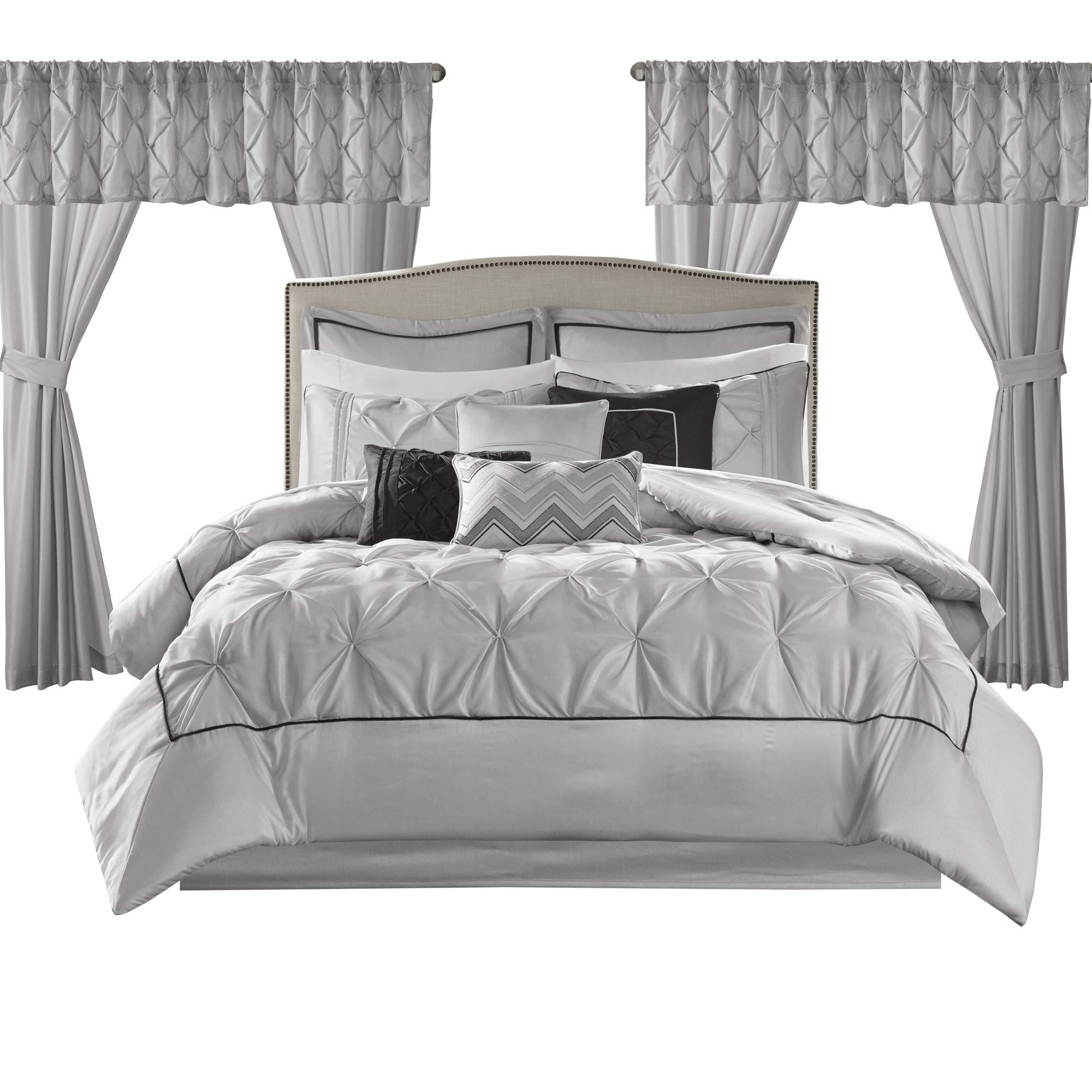 Madison Park Essentials Room In A Bag Faux Silk Comforter Set - Luxe Diamond Tufting All Season Bedding, Matching Curtains, Decorative Pillows, Grey King(104'X92') 24 Piece