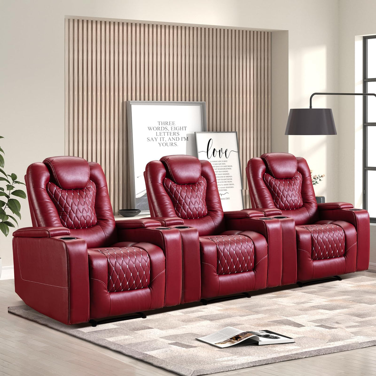 Anj Power Recliner Chair Set Of 3, Electric Soft Leather Reclining Home Theater Seating - Usb Ports, Cup Holders, Hidden Arm Sto