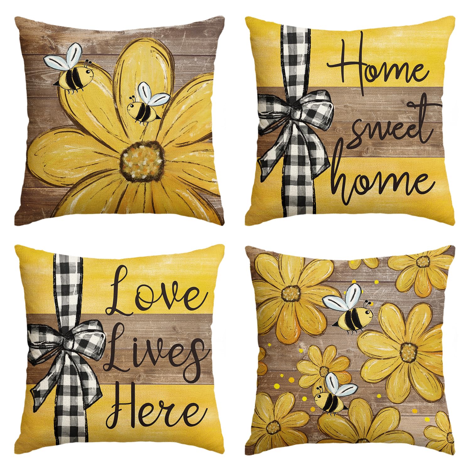 Avoin Colorlife Spring Home Sweet Home Bee Sunflower Throw Pillow Covers, 18 X 18 Inch Love Lives Here Summer Stripes Polka Dots