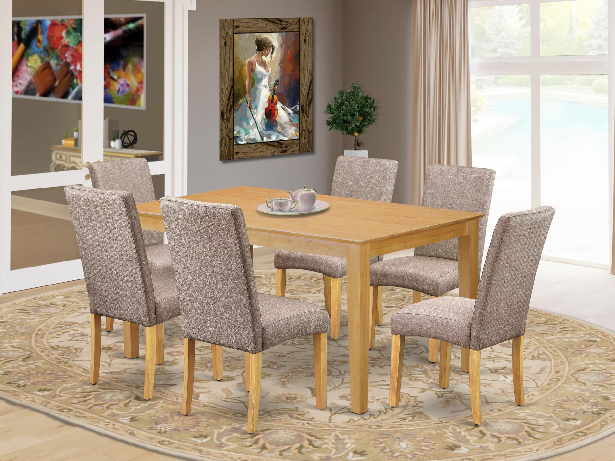 East West Furniture Cadr7-Oak-16 7 Piece Dining Room Table Set Consist Of A Rectangle Kitchen Table And 6 Dark Khaki Linen Fabric Parson Dining Chairs, 36X60 Inch, Oak