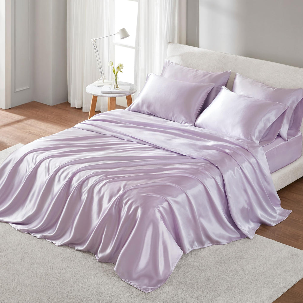 Madison Park Essentials Satin Sheets Twin Size, Luxurious Silky Satin Bed Sheets, Elastic 14' Pocket Fits Up To 16' Mattress, Wrinkle-Free, Soft Satin Bed Sheet Set, Lilac 4 Piece