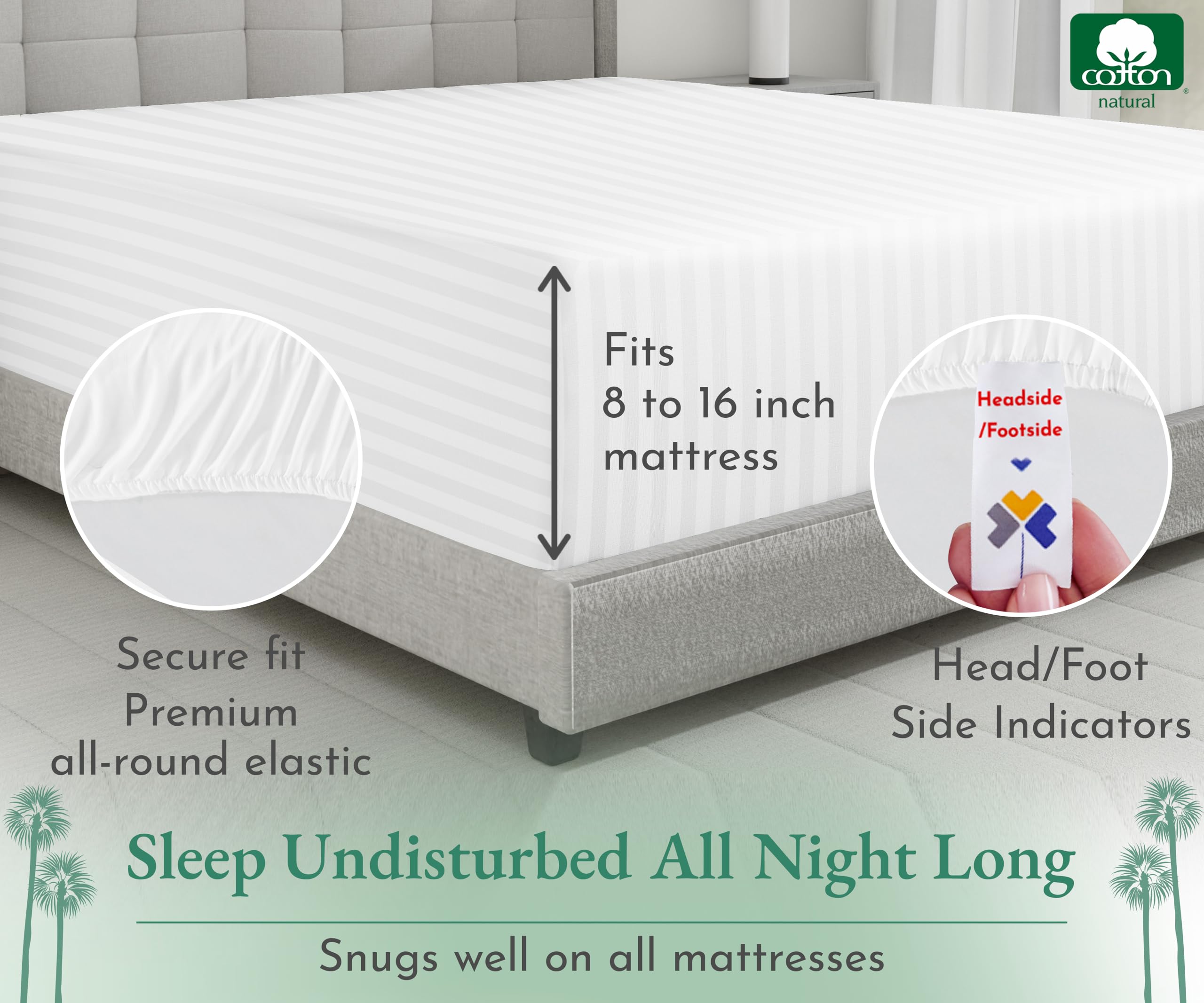 California Design Den Luxury Cotton Sateen Damask Stripe King Fitted Sheet Only - Soft 100% Cotton Sateen, Deep Pocket Bottom Fitted Sheet, Hotel Quality With A Foot Side Indicator - White