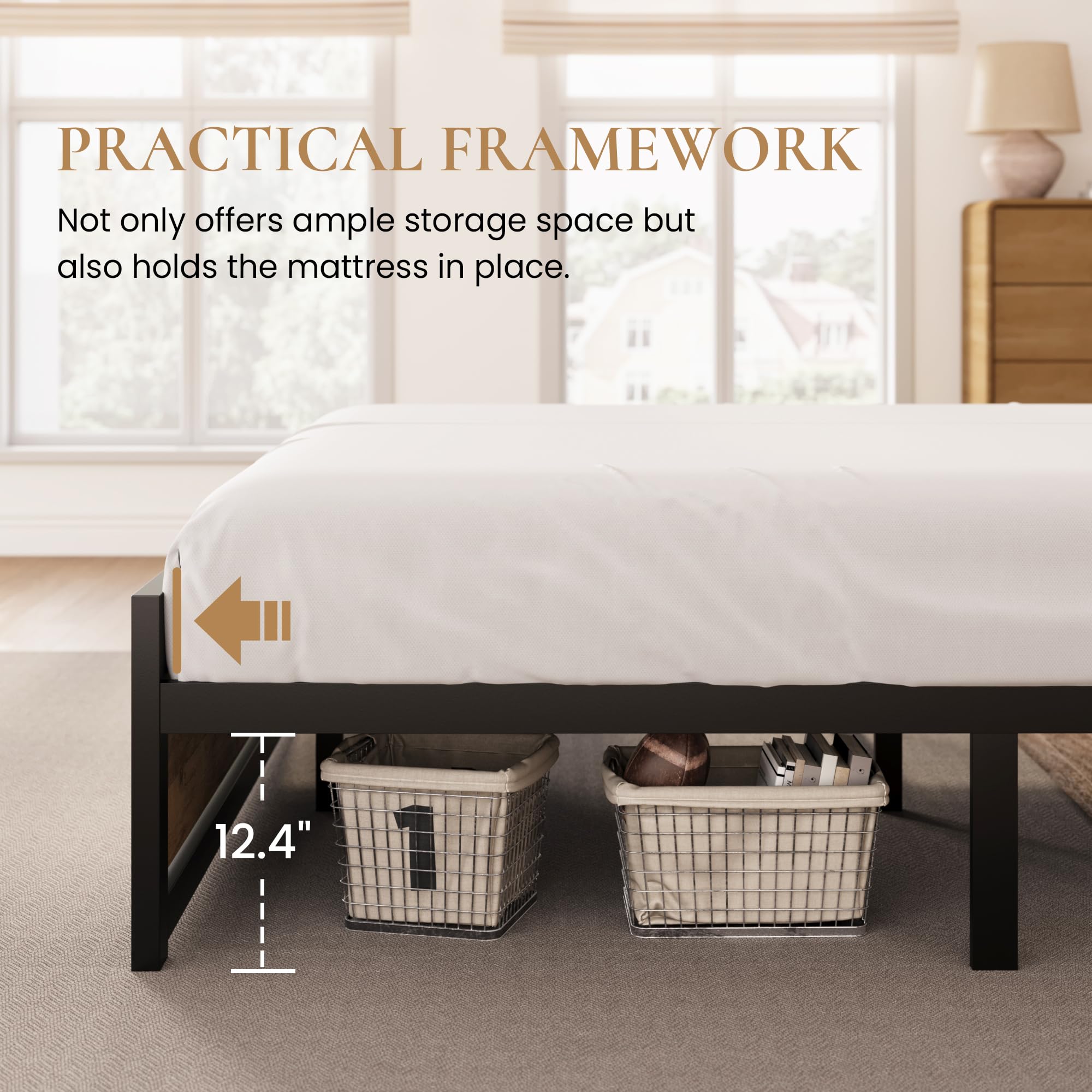 Sha Cerlin Queen Size Bed Frame With Modern Headboard, Heavy Duty Platform Metal Base With Square Footboard And 13 Strong Slats Support, No Box Spring Needed, Brown