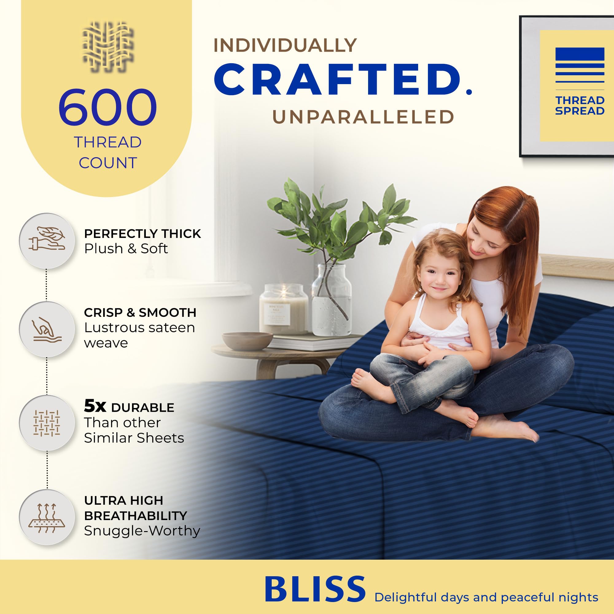 Thread Spread Striped Egyptian Cotton Sheets Twin Xl Size - 600 Thread Count 3 Pc Damask Twin Xl Sheets Deep Pockets, Sateen Weave College Dorm Bedding Twin Xl, Fits Mattress Upto 18' - Navy Blue