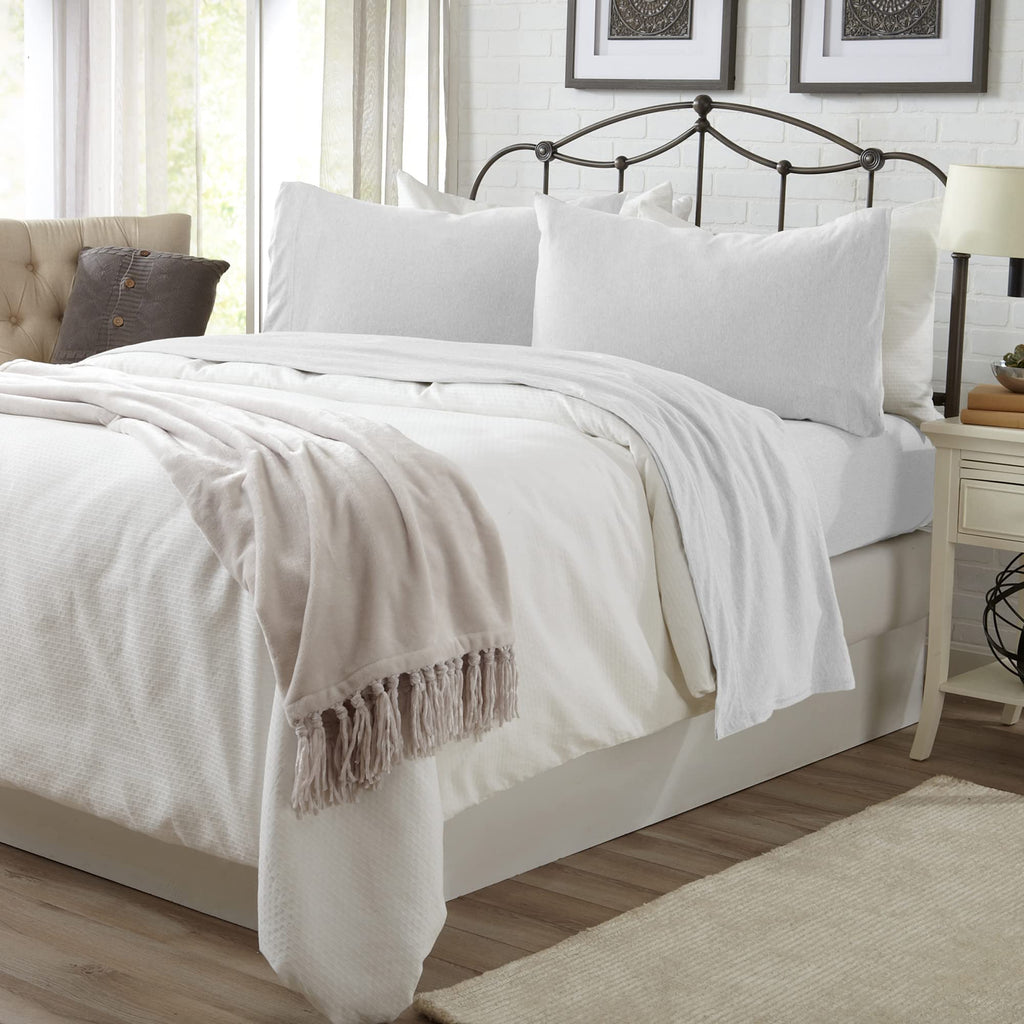3 Piece Jersey Knit Twin Cotton Blend White Sheet Set | Ultra-Soft T-Shirt Jersey Bedding Sheets & Pillowcases | Heathered, Brea