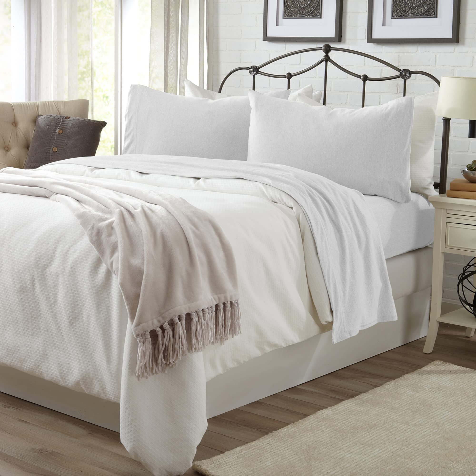 3 Piece Jersey Knit Twin Cotton Blend White Sheet Set | Ultra-Soft T-Shirt Jersey Bedding Sheets & Pillowcases | Heathered, Brea