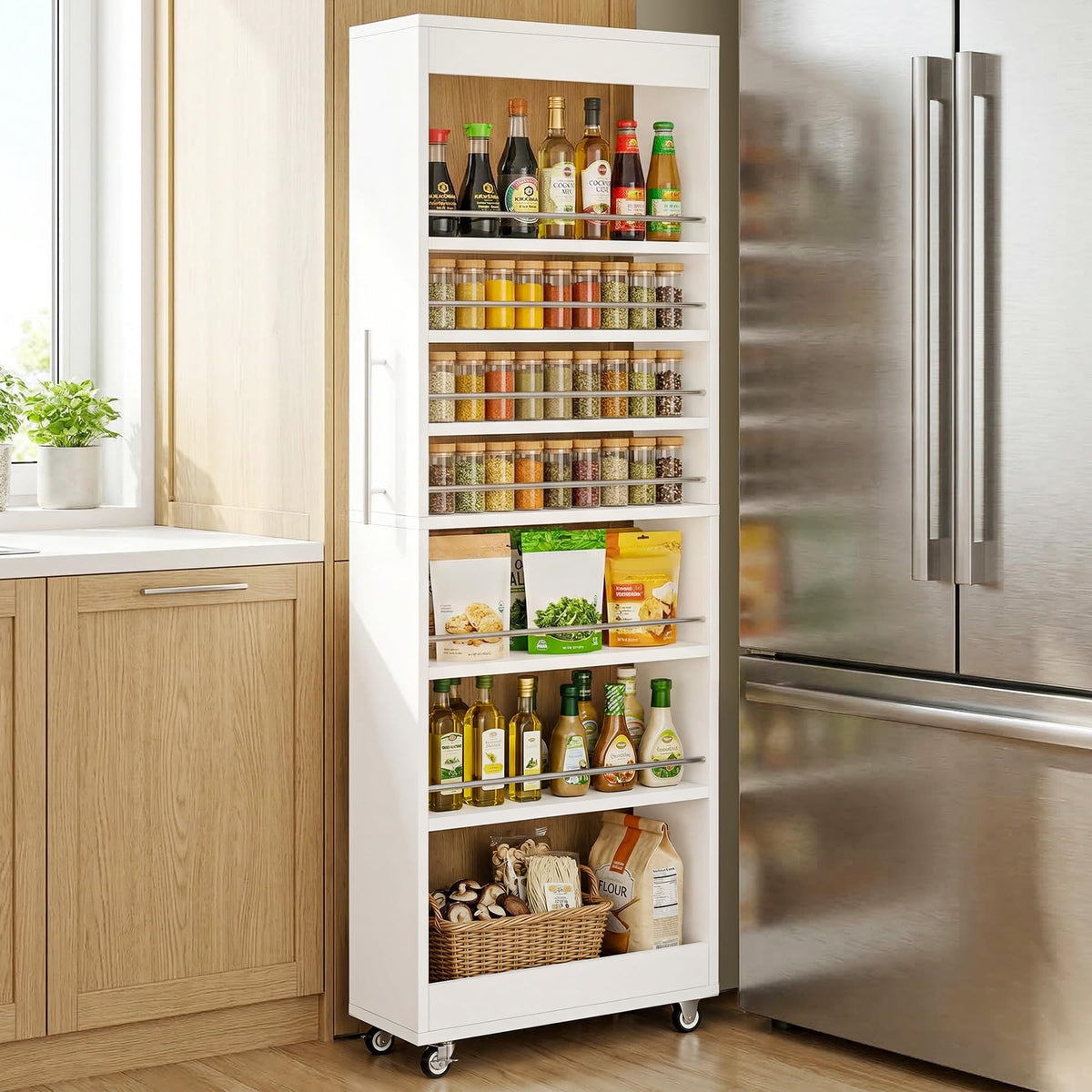 Tribesigns 73 Tall Slim Storage Cart on Rubber Wheels, 7Tier Narrow Pantry Cabinet, Rolling Skinny Spice Rack Organizer Next t