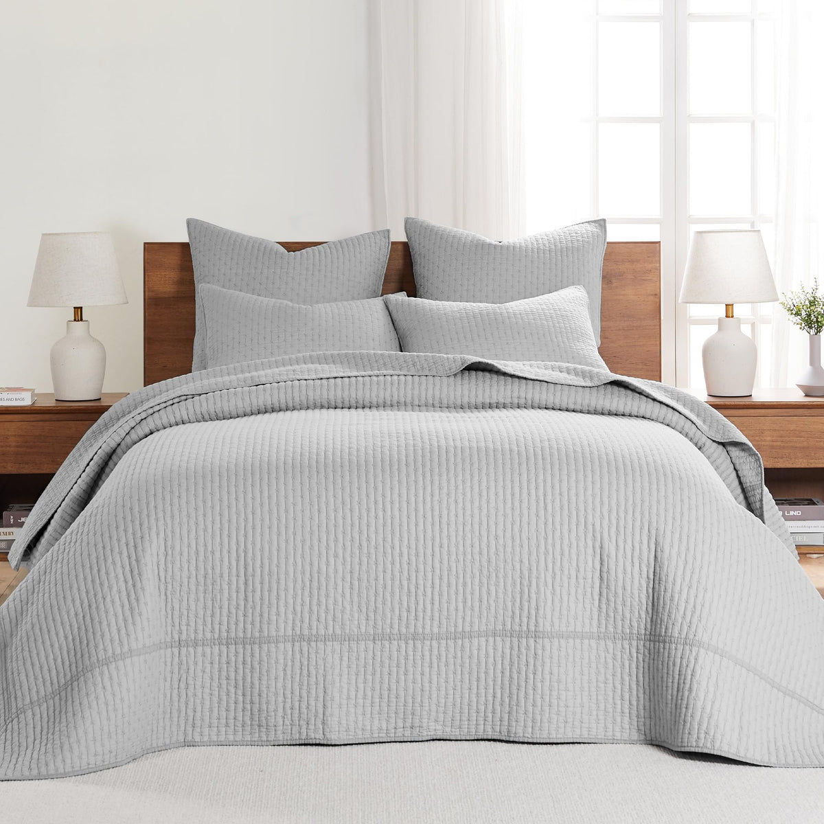 Levtex Home - Cross Stitch Light Grey Bedspread Set - Queen Quilted Bedspread And Two Standard Shams - Cross Stitch Pattern - Be