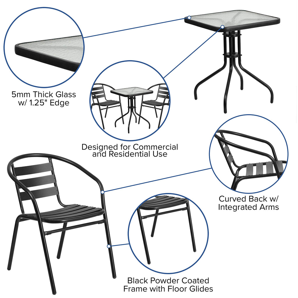 Flash Furniture Lila 23.5'' Square Glass Metal Table With 2 Black Metal Aluminum Slat Stack Chairs