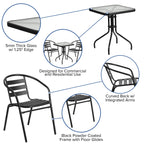 Flash Furniture Lila 23.5'' Square Glass Metal Table With 2 Black Metal Aluminum Slat Stack Chairs