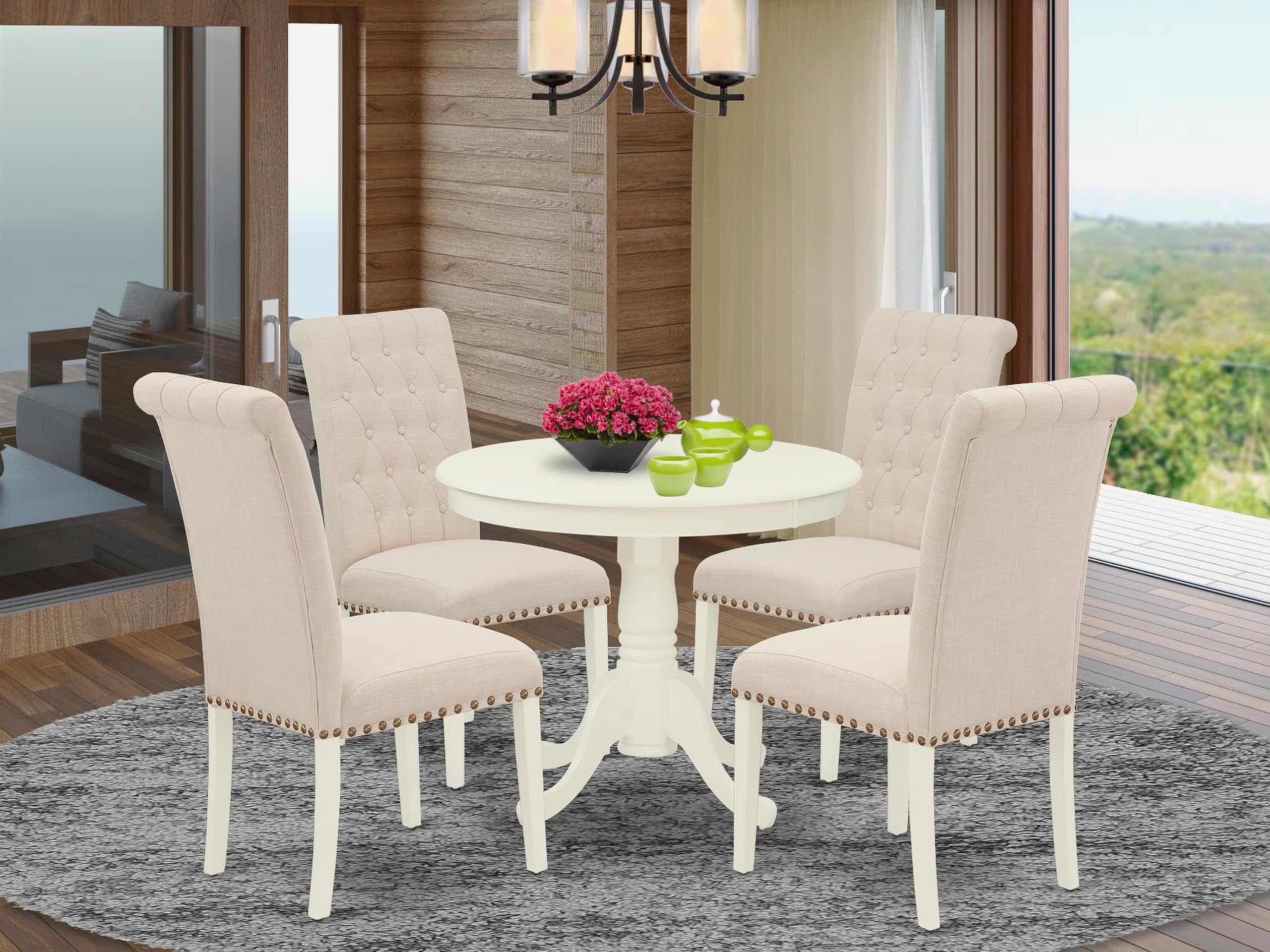 East West Furniture Anbr5-Lwh-02 5 Piece Dining Room Table Set Includes A Round Kitchen Table With Pedestal And 4 Light Beige Linen Fabric Parsons Dining Chairs, 36X36 Inch, Linen White
