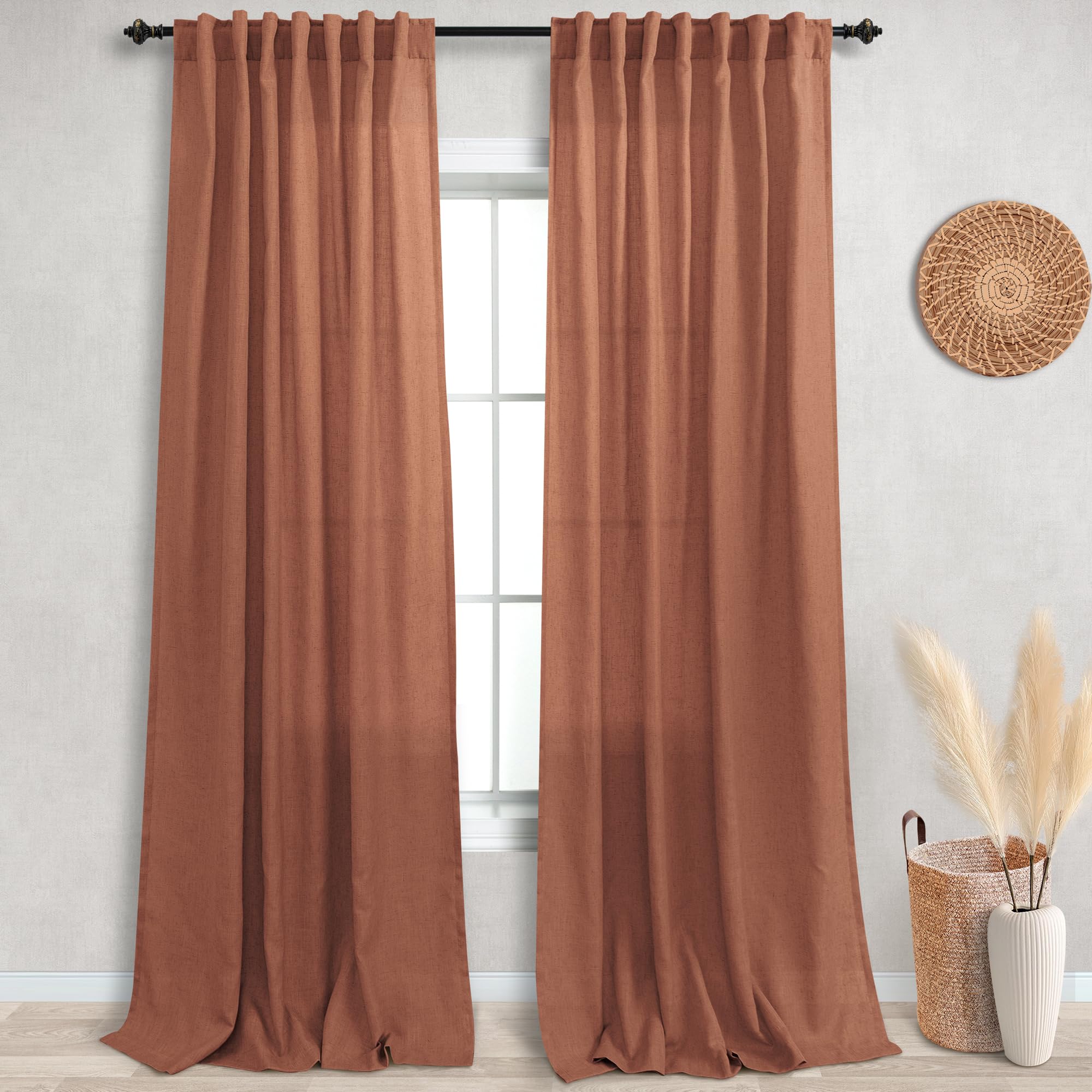 KOUFALL Boho Curtains for Bedroom 2 Panels,Rust Color Rod Pocket Sheer Bohemian Curtains for Living Room,96 Inches Long 2 Panel 