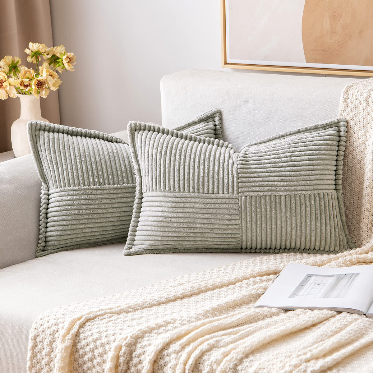 Miulee Light Grey Corduroy Pillow Covers 12 X 20 Inch With Splicing Set Of 2 Super Soft Boho Striped Pillow Covers Broadside Dec