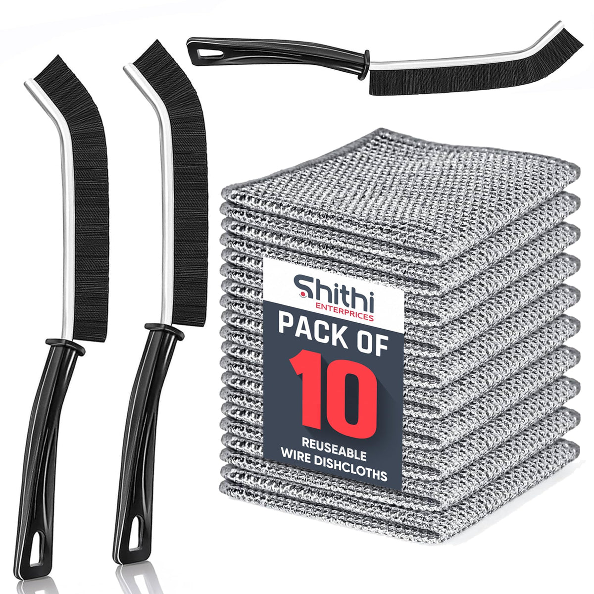 SHITHI 13Piece Cleaning Combo  10 Reusable Stainless Steel Wire Dishcloths + 3 Tile & Gap Cleaning Brushes | HeavyDuty Multip