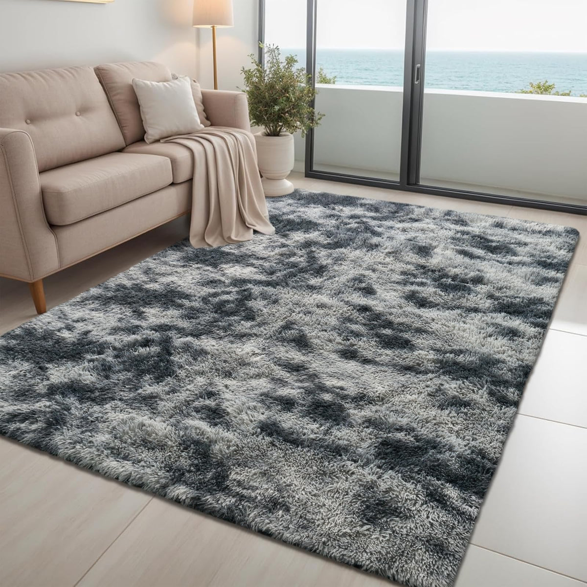 Poboton Machine Washable Upgrade 5x8 Tie-Dyed Black&Grey Area Rugs for Bedroom Living Room, Fluffy Shag Large Fuzzy Plush Soft T