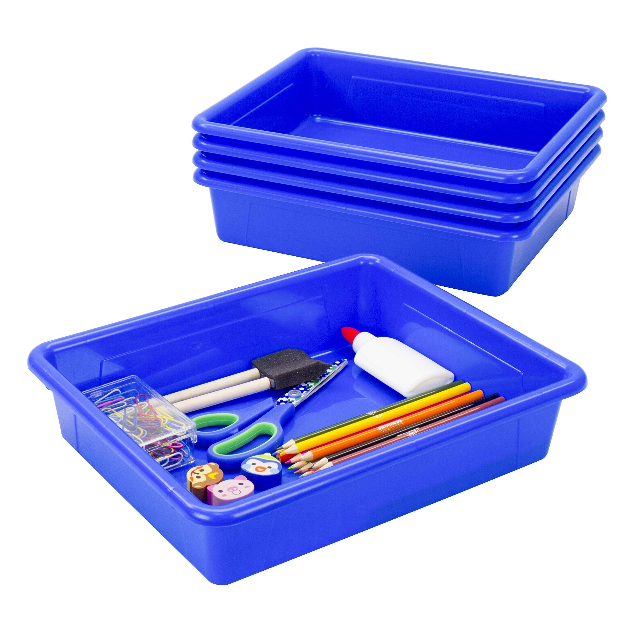 Storex Letter Size Flat Storage Tray - Organizer Bin For Classroom, Office And Home, Blue, 5-Pack (62517A05C), 10 X 13 X 3 Inche