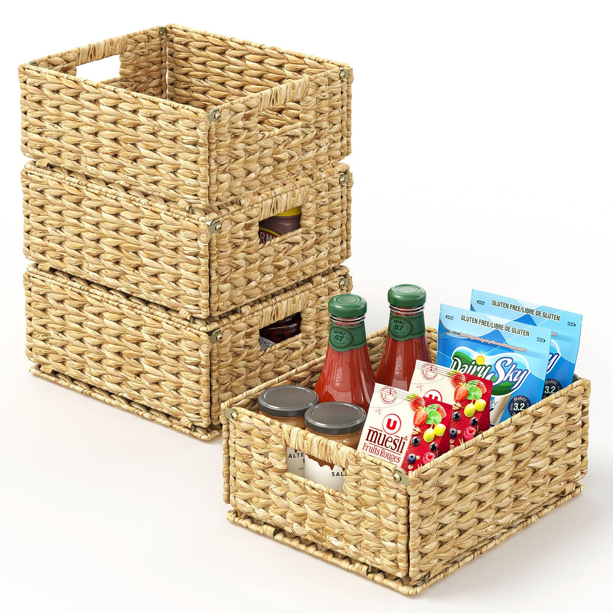 Pantry Wicker Storage Baskets for Shelves, 4 Pack Small Woven Baskets for Storage, Handmade Pantry Organizers and Storage, Boho 