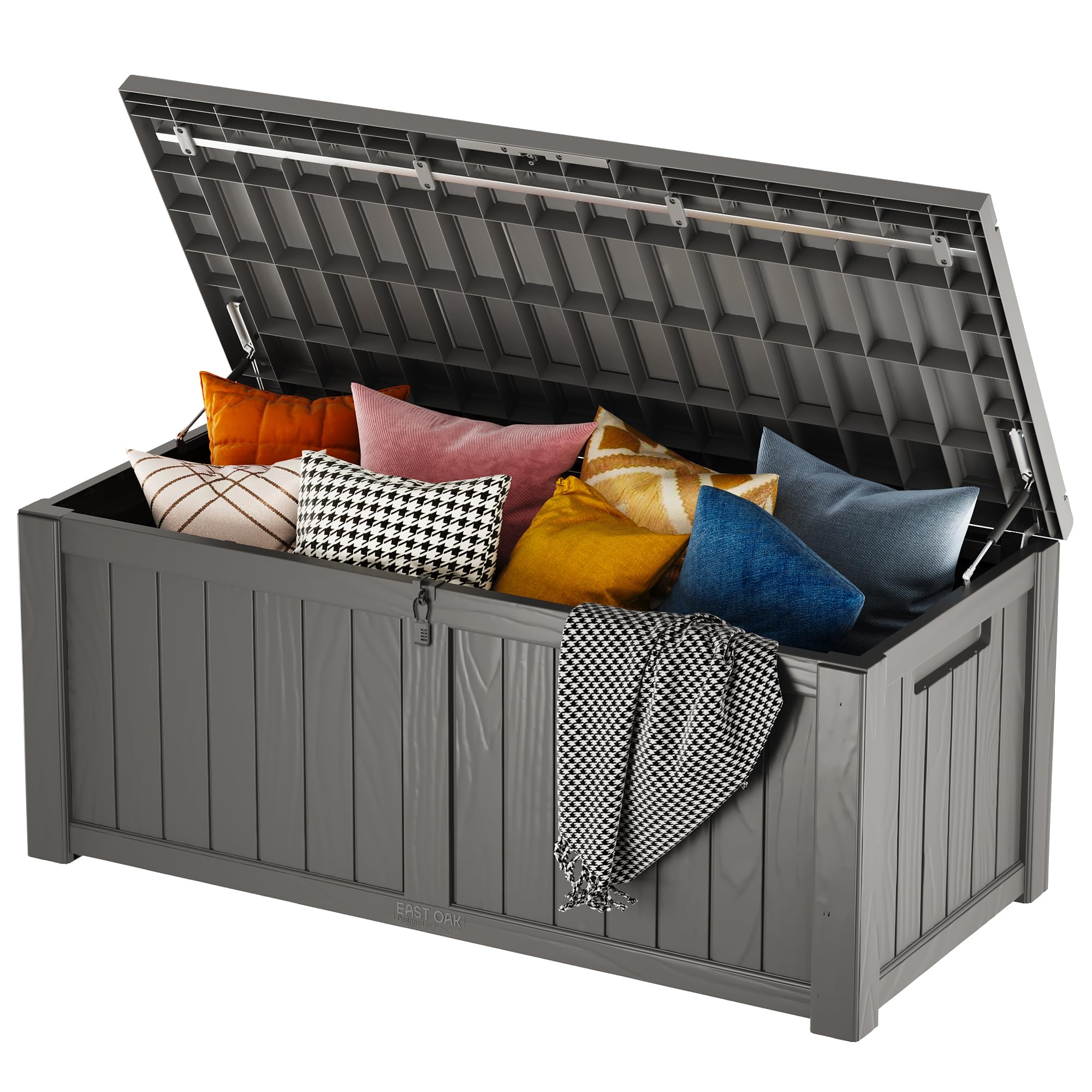 East Oak 120 Gallon Deck Box, Large Outdoor Storage Box With Stainless Steel Rods For Patio Furniture Cushions, Garden Tools, Wa