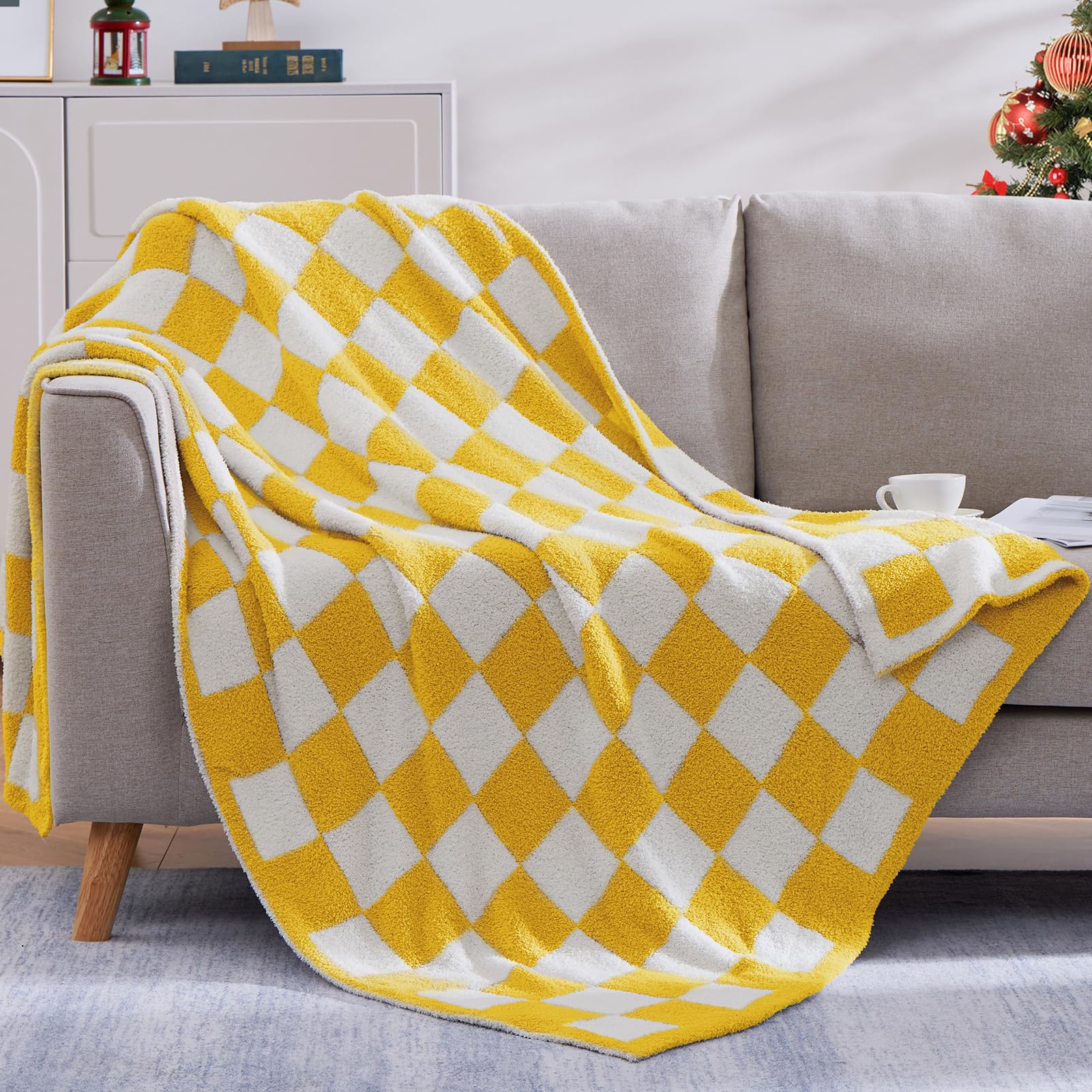 Wrensonge Checkered Throw Blanket, Yellow Microfiber Soft Cozy Fluffy Warm Hand Made Throw Blankets For Couch, Sofa, Chair, Bed,